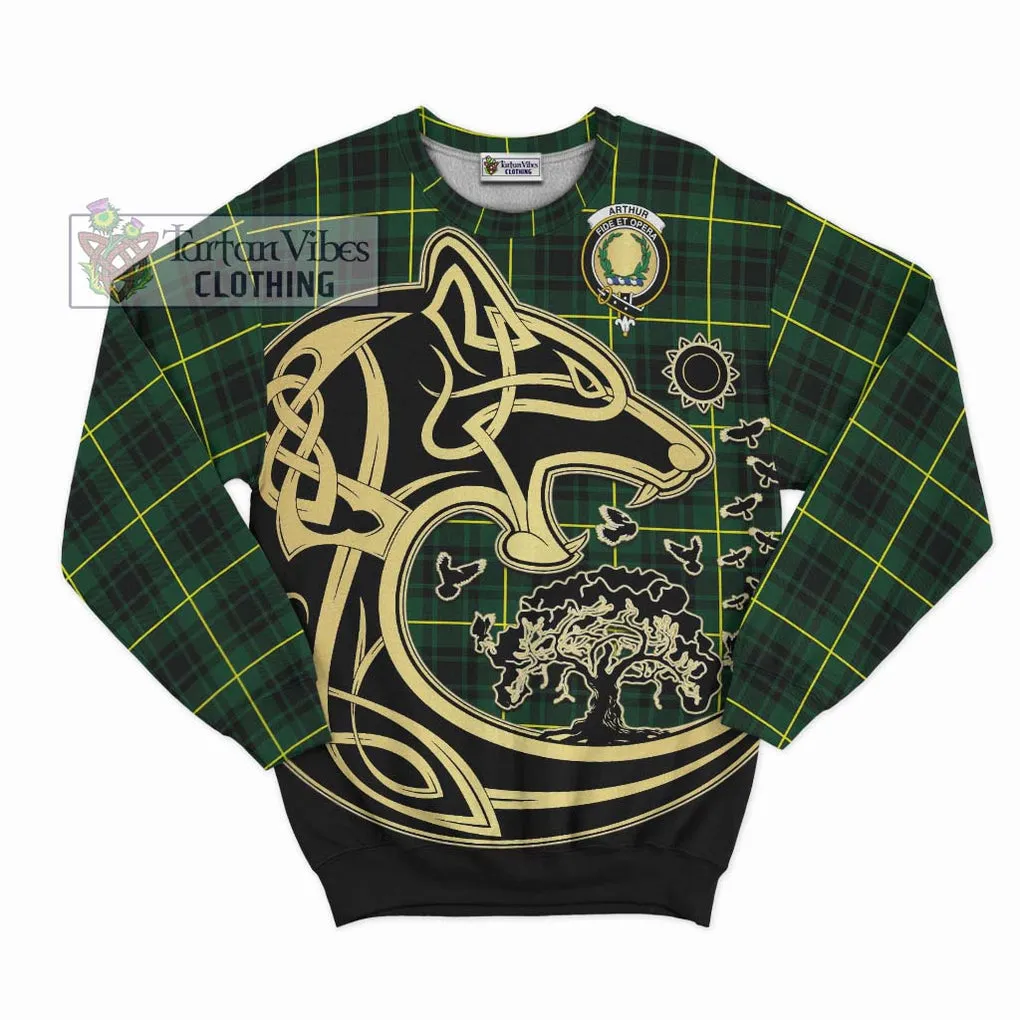 Arthur Modern Tartan Sweatshirt with Family Crest Celtic Wolf Style