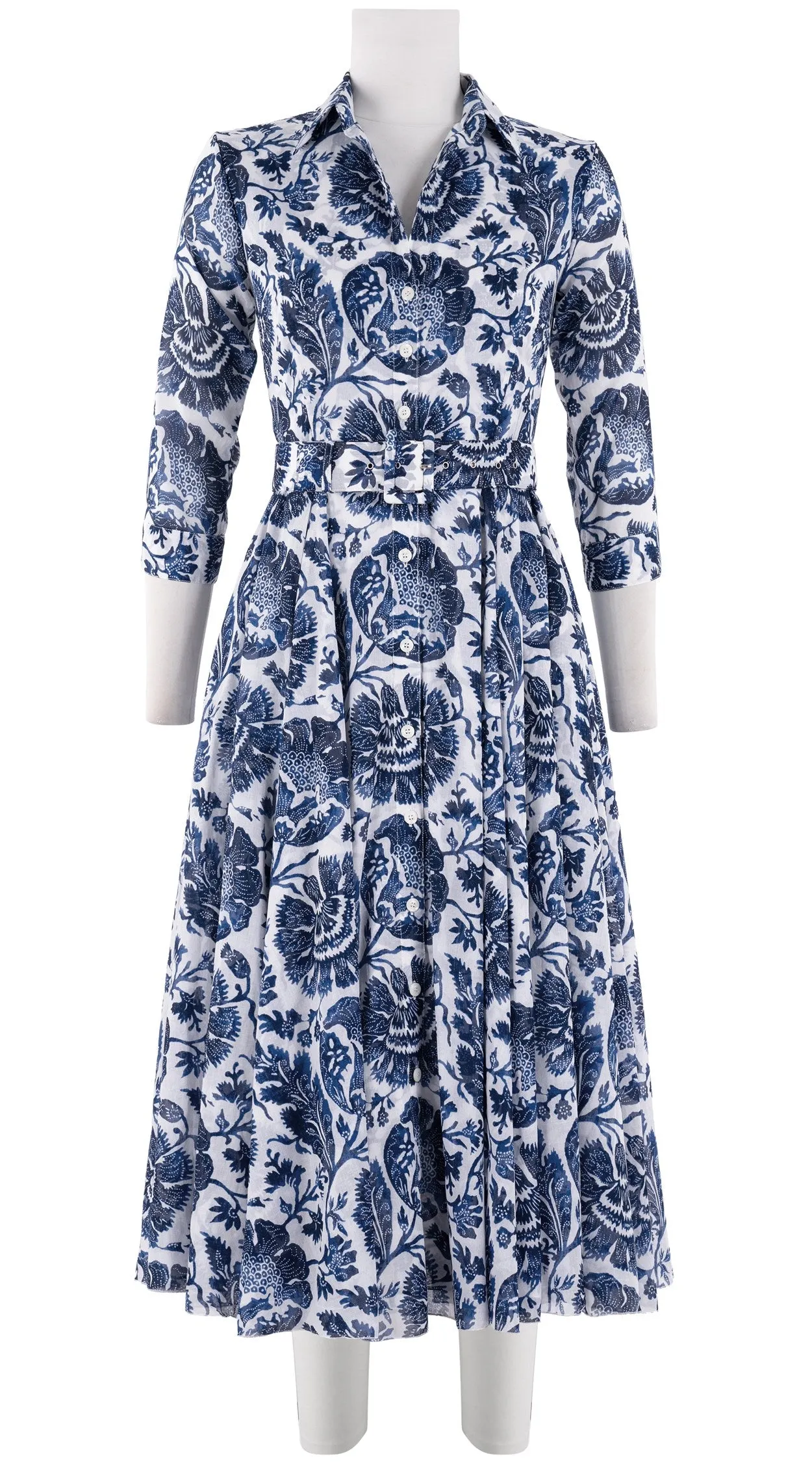 Aster Dress Shirt Collar 3/4 Sleeve Midi Length Cotton Musola (Indigo Poppies)