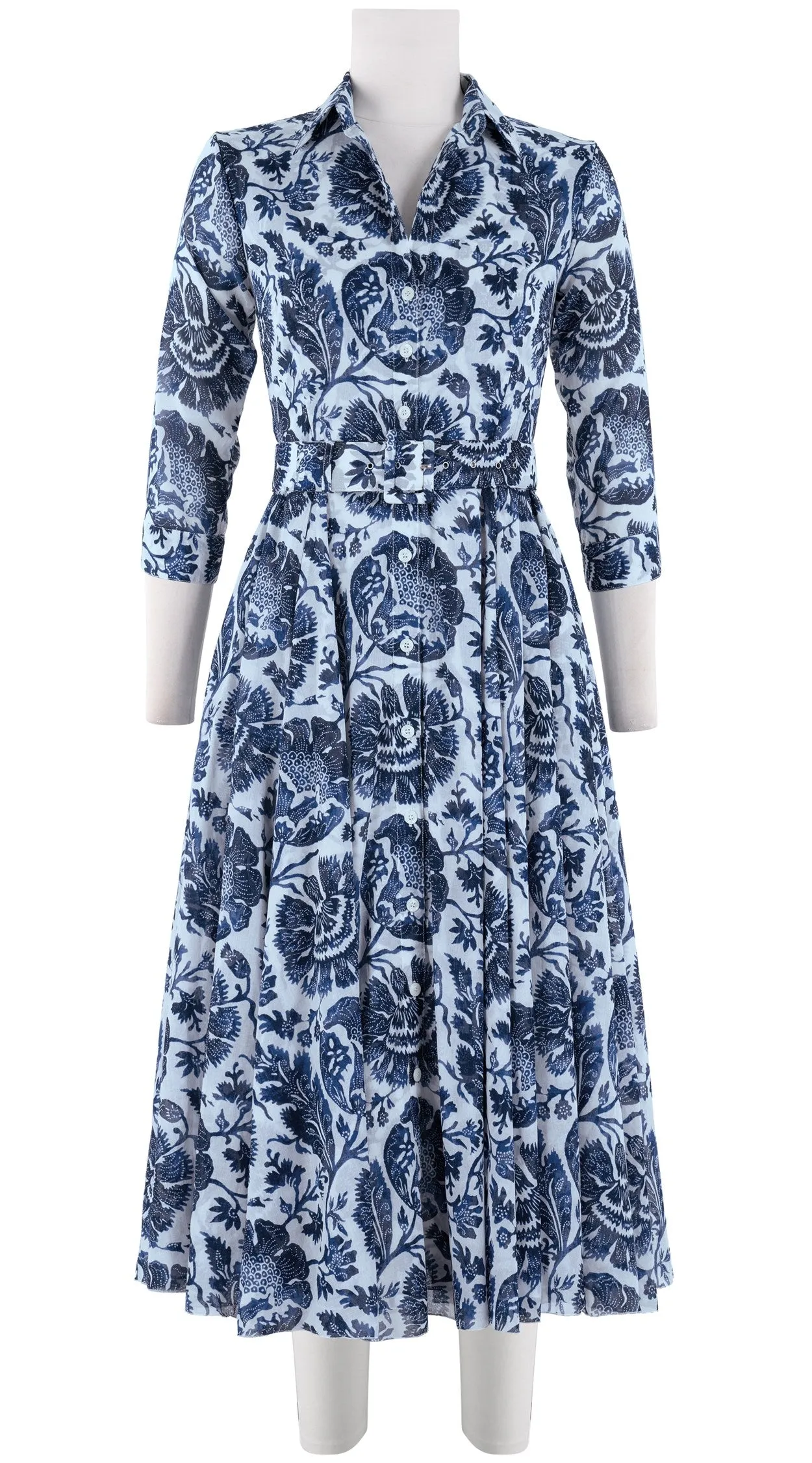 Aster Dress Shirt Collar 3/4 Sleeve Midi Length Cotton Musola (Indigo Poppies)
