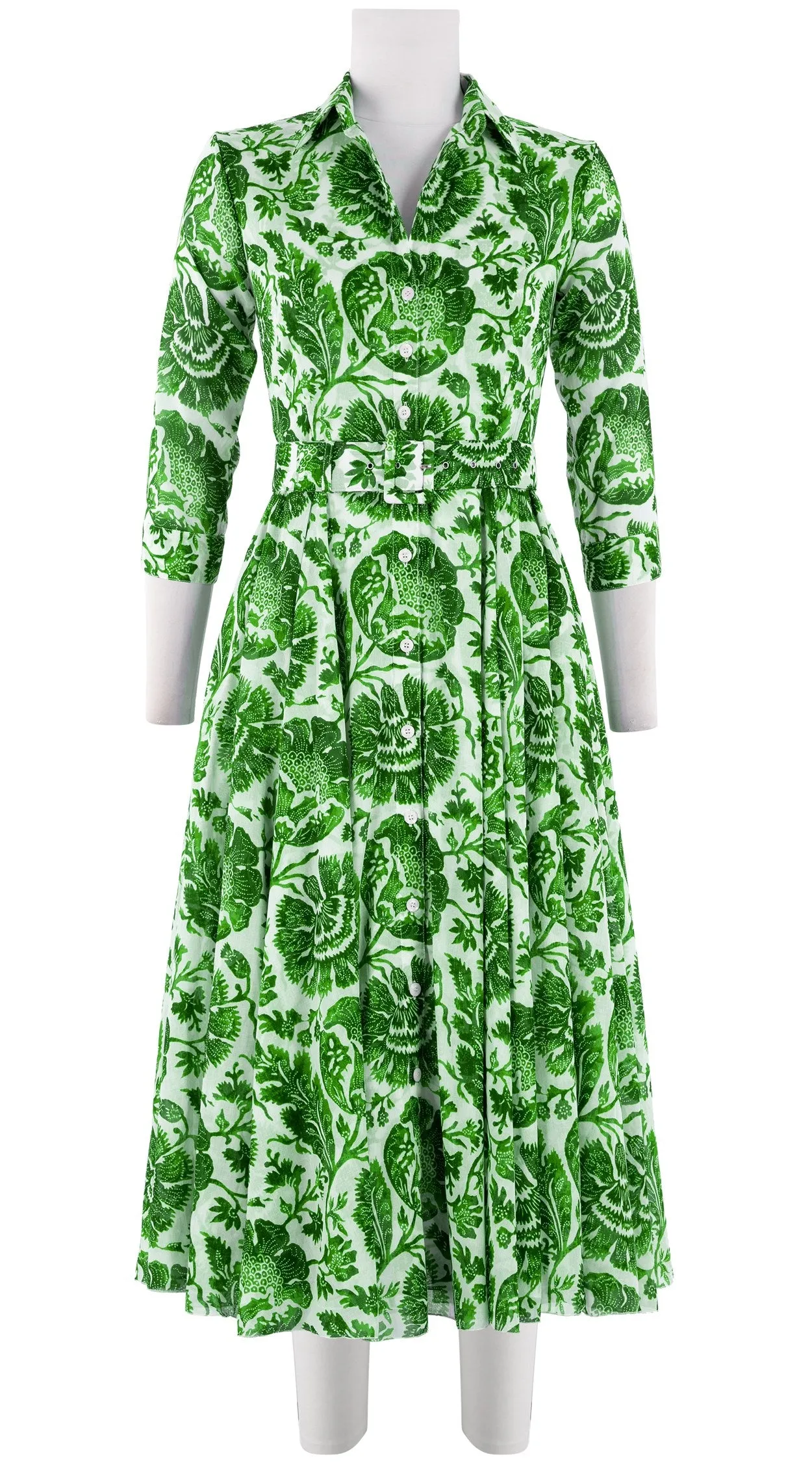 Aster Dress Shirt Collar 3/4 Sleeve Midi Length Cotton Musola (Indigo Poppies)