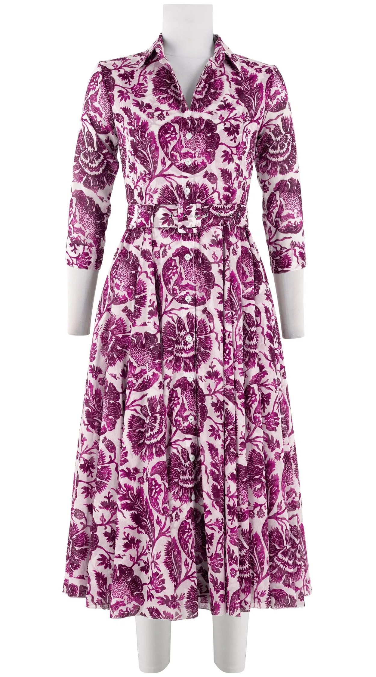 Aster Dress Shirt Collar 3/4 Sleeve Midi Length Cotton Musola (Indigo Poppies)