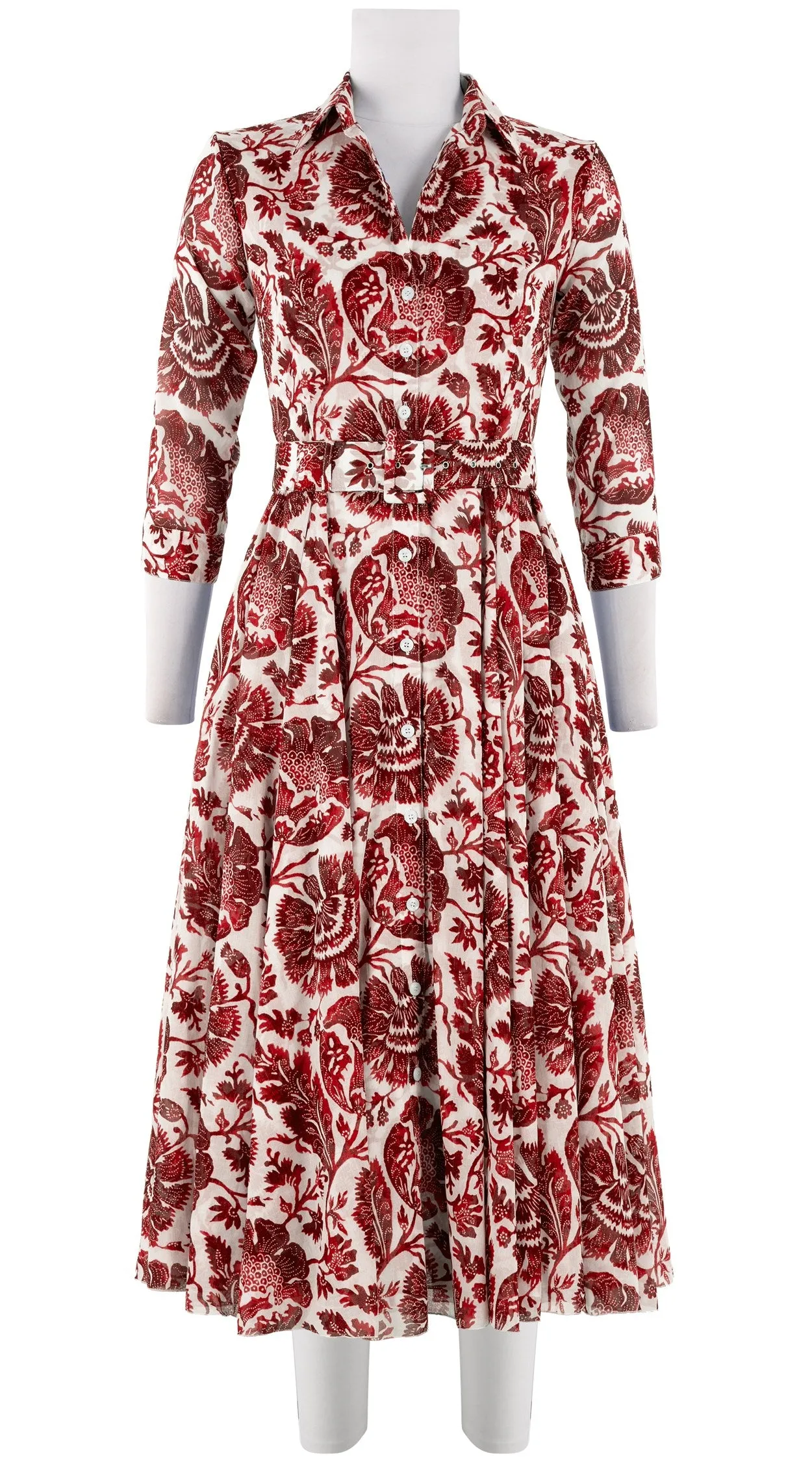 Aster Dress Shirt Collar 3/4 Sleeve Midi Length Cotton Musola (Indigo Poppies)