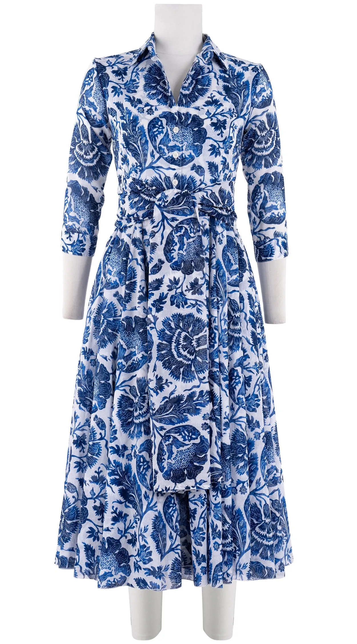 Aster Dress Shirt Collar 3/4 Sleeve Midi Length Cotton Musola (Indigo Poppies)