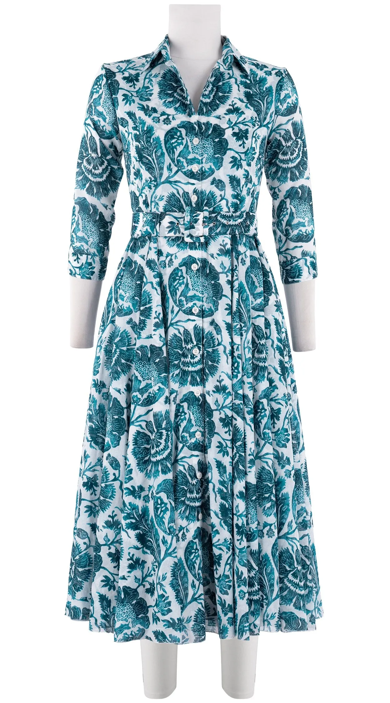 Aster Dress Shirt Collar 3/4 Sleeve Midi Length Cotton Musola (Indigo Poppies)