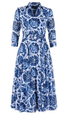Aster Dress Shirt Collar 3/4 Sleeve Midi Length Cotton Musola (Indigo Poppies)