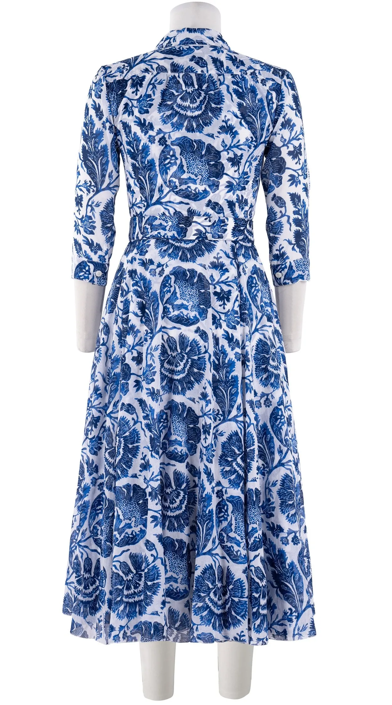 Aster Dress Shirt Collar 3/4 Sleeve Midi Length Cotton Musola (Indigo Poppies)