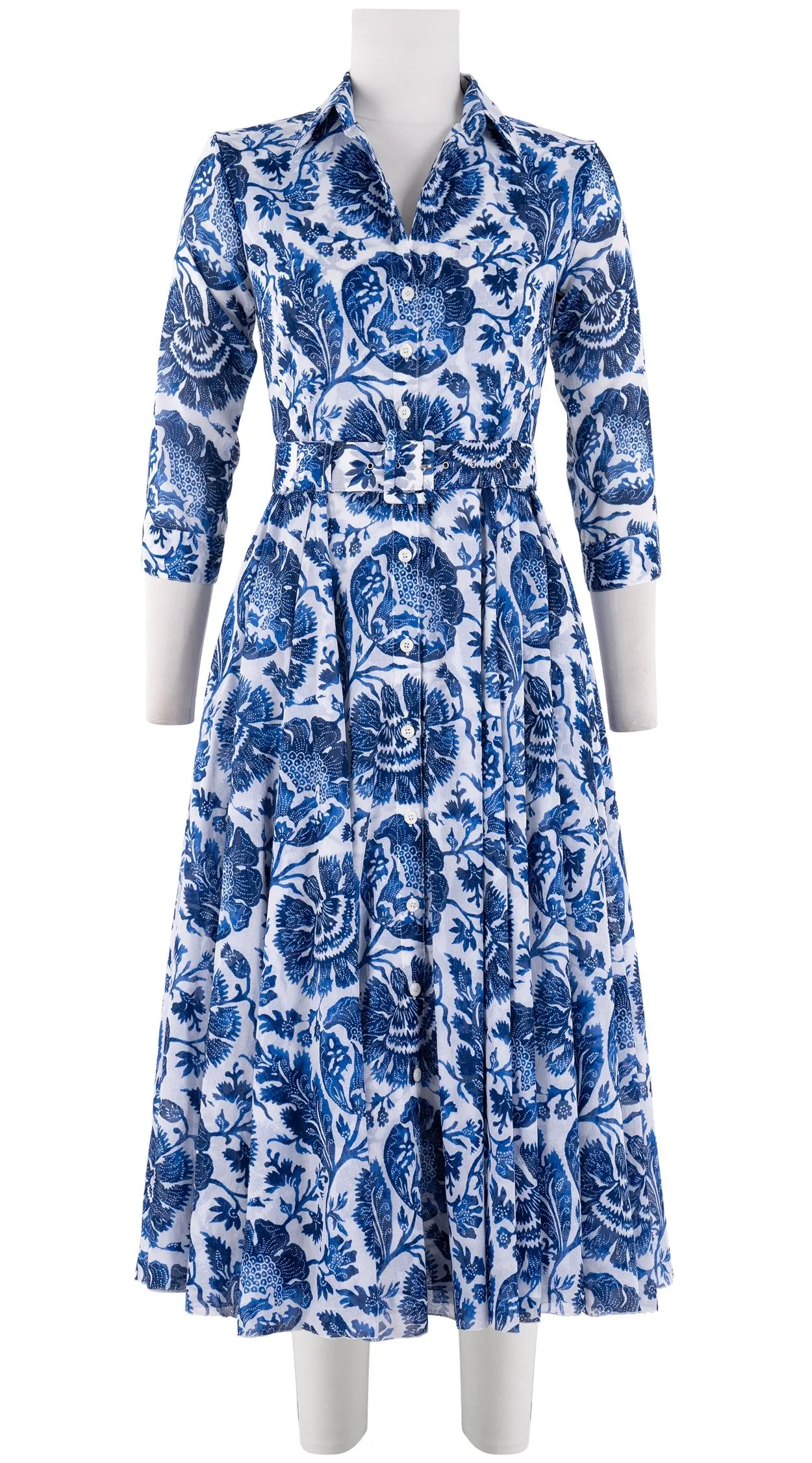 Aster Dress Shirt Collar 3/4 Sleeve Midi Length Cotton Musola (Indigo Poppies)
