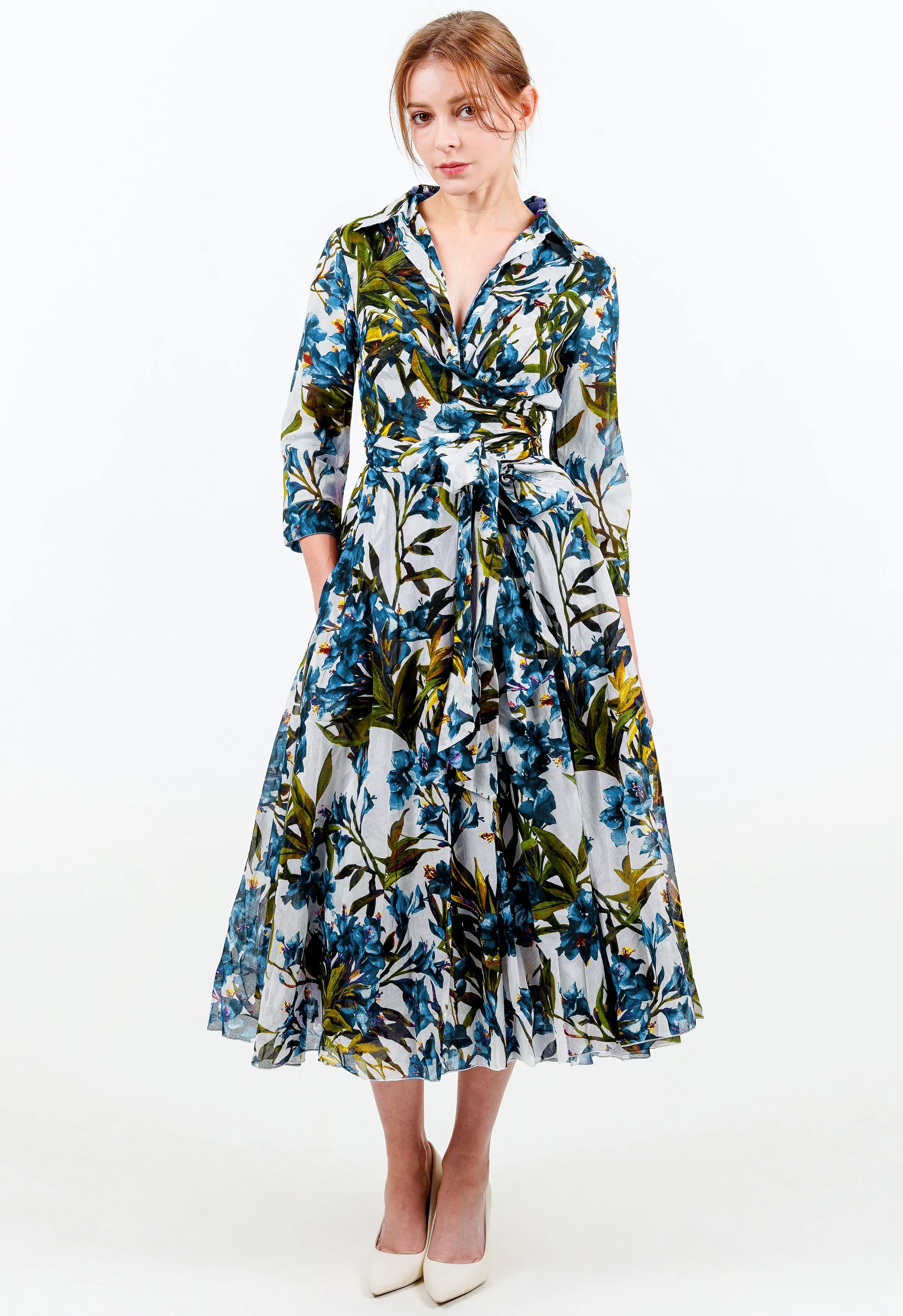 Aster Dress Shirt Collar 3/4 Sleeve Midi Length Cotton Musola (Paper Flower White)