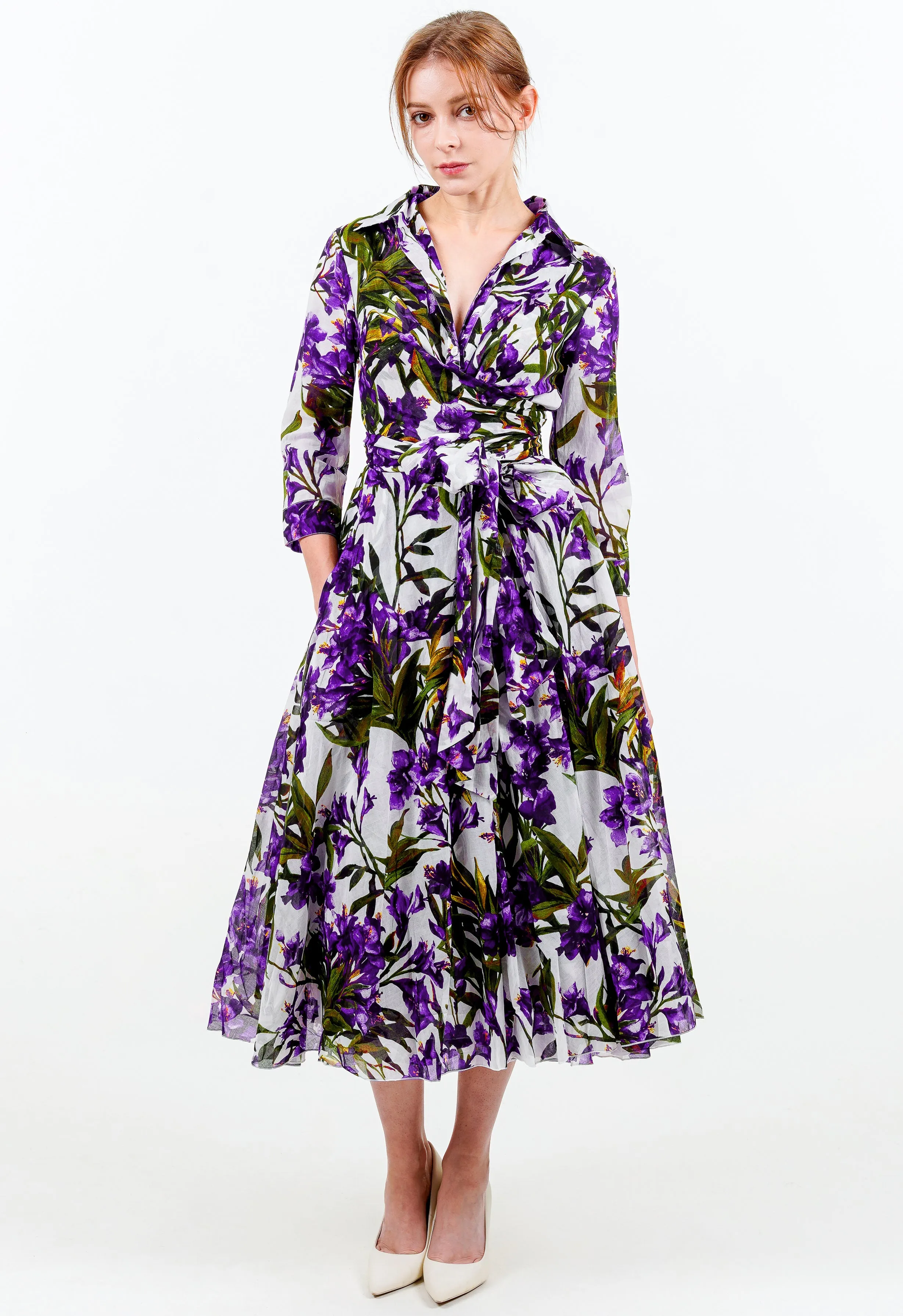 Aster Dress Shirt Collar 3/4 Sleeve Midi Length Cotton Musola (Paper Flower White)