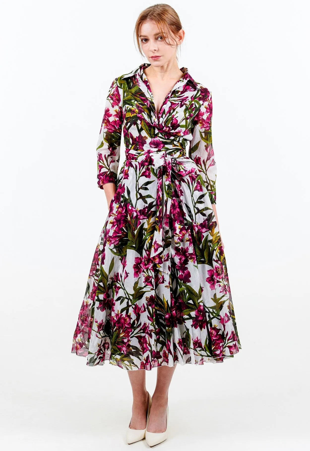Aster Dress Shirt Collar 3/4 Sleeve Midi Length Cotton Musola (Paper Flower White)