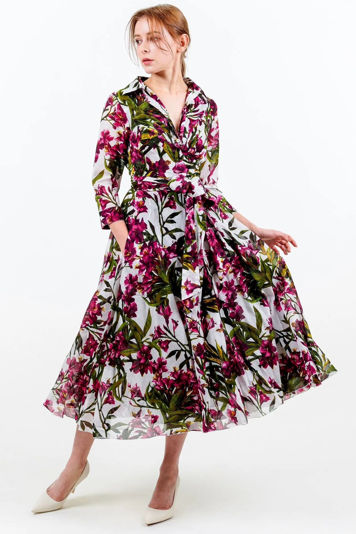 Aster Dress Shirt Collar 3/4 Sleeve Midi Length Cotton Musola (Paper Flower White)