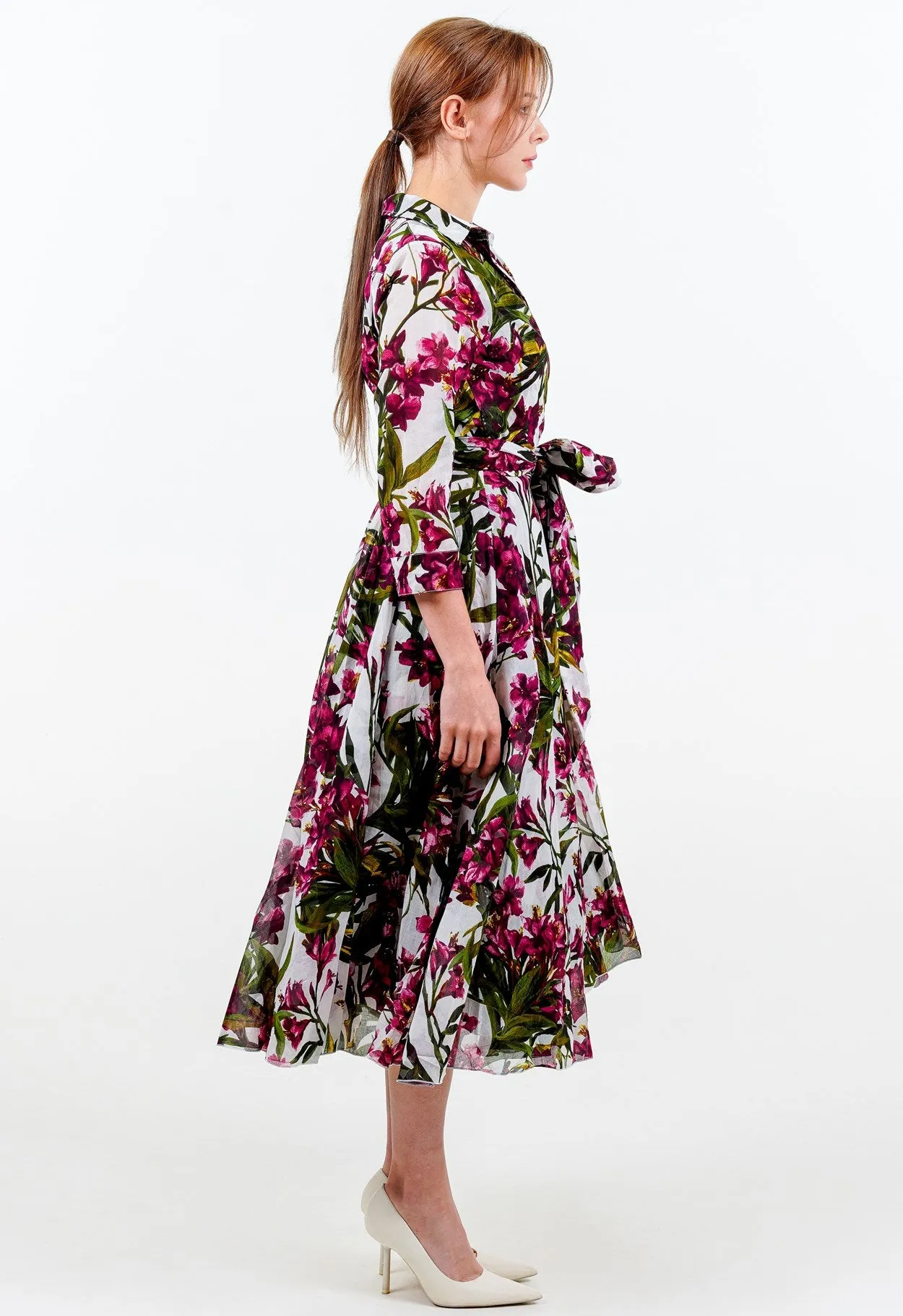 Aster Dress Shirt Collar 3/4 Sleeve Midi Length Cotton Musola (Paper Flower White)
