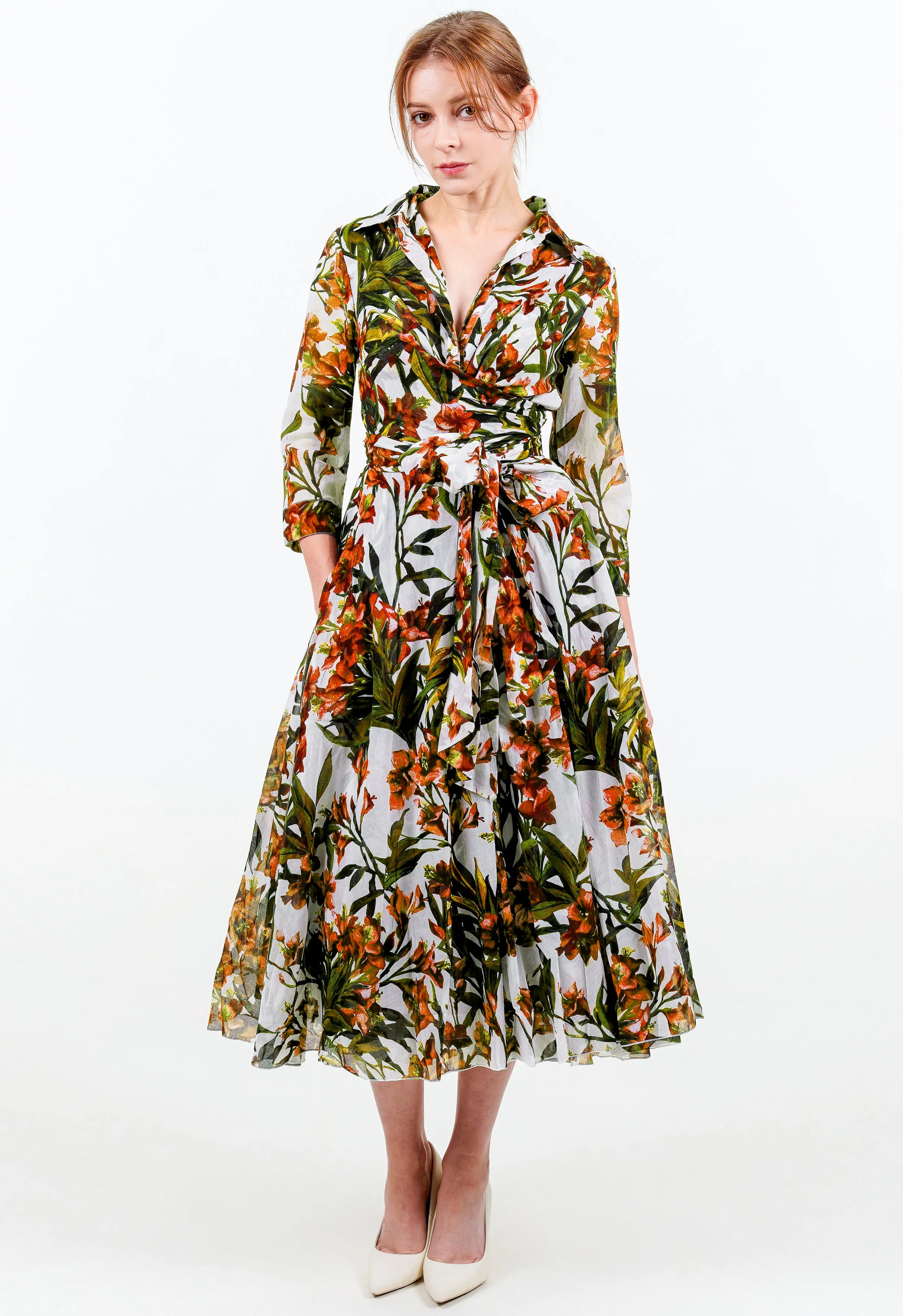 Aster Dress Shirt Collar 3/4 Sleeve Midi Length Cotton Musola (Paper Flower White)