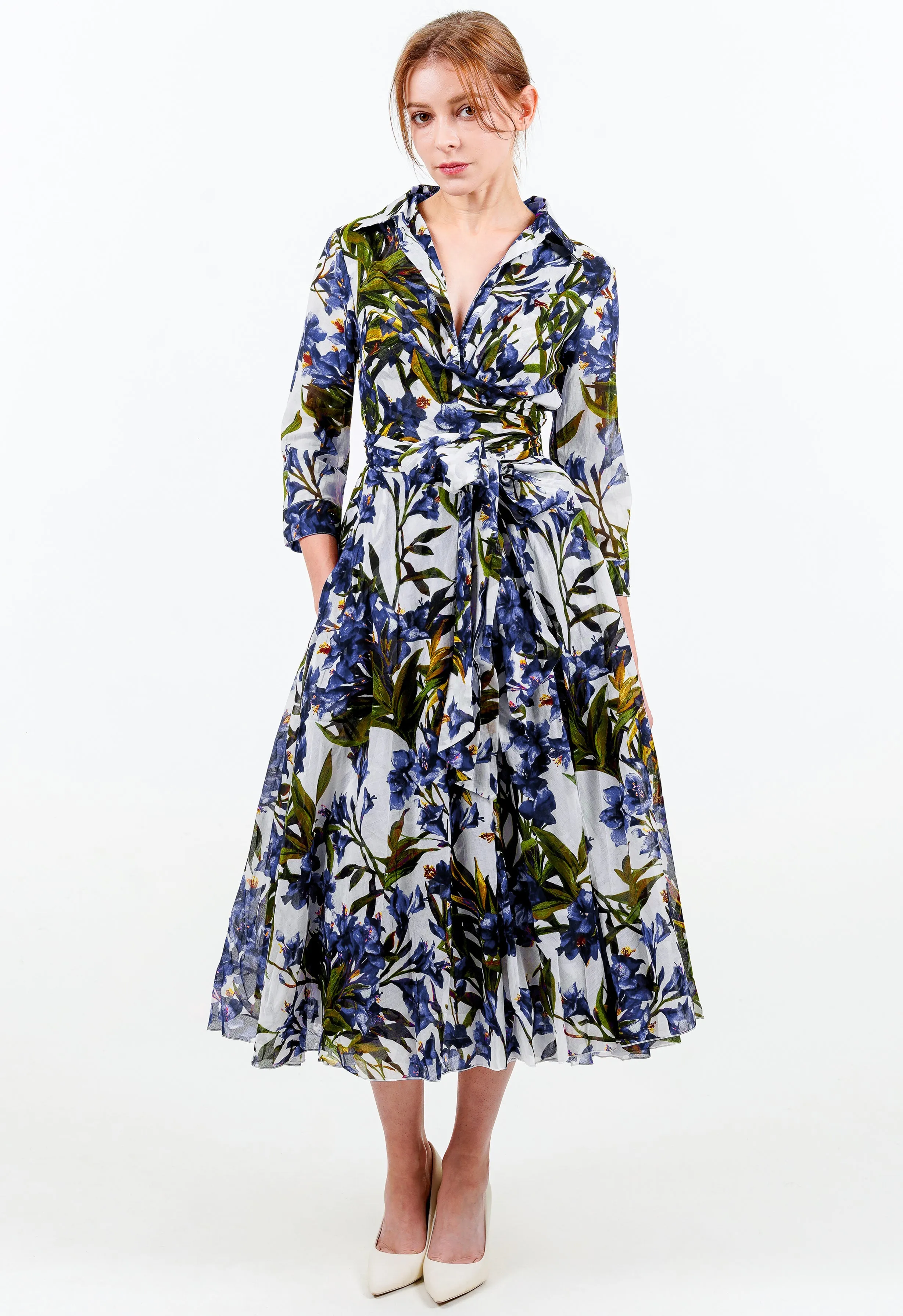 Aster Dress Shirt Collar 3/4 Sleeve Midi Length Cotton Musola (Paper Flower White)