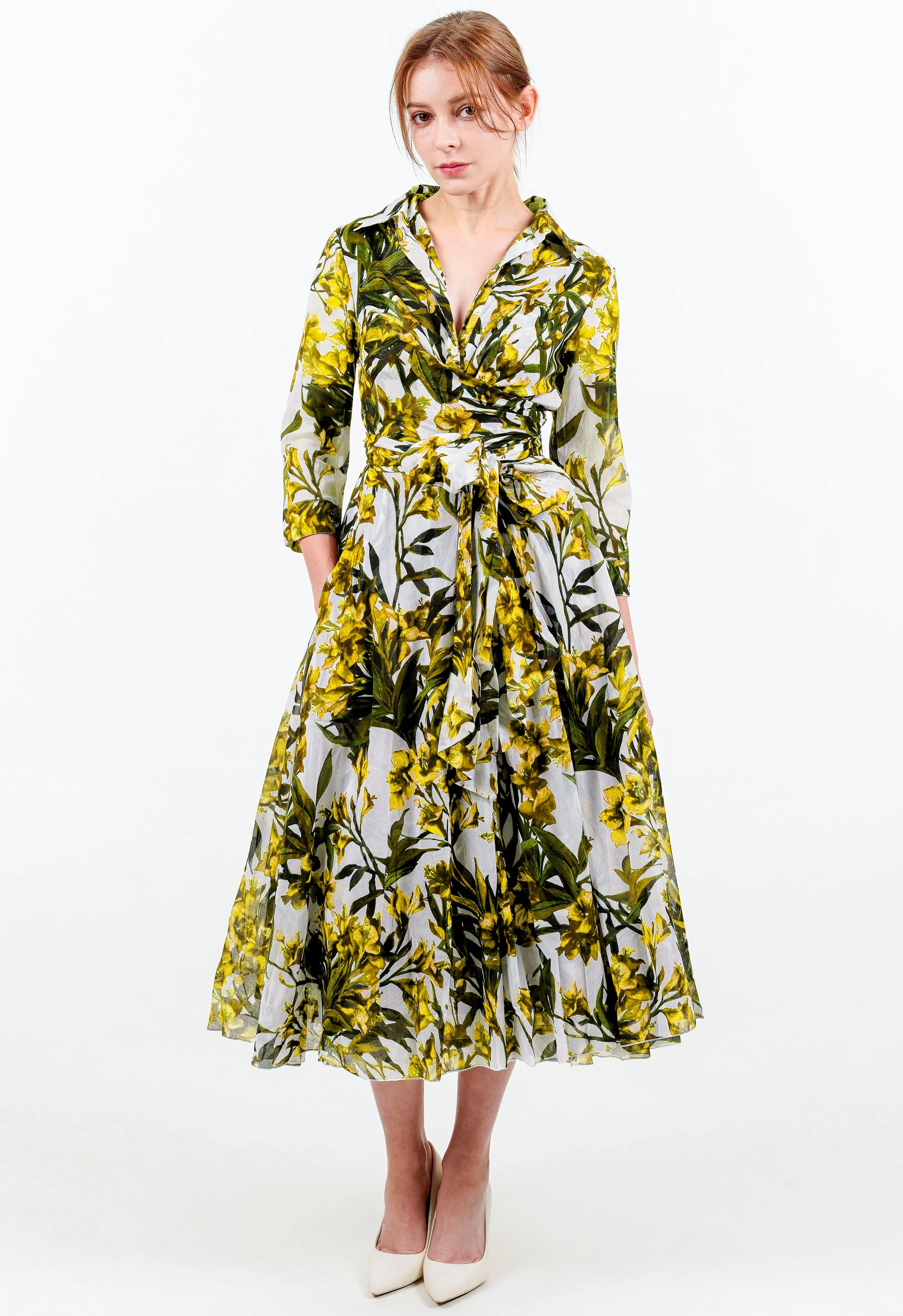 Aster Dress Shirt Collar 3/4 Sleeve Midi Length Cotton Musola (Paper Flower White)