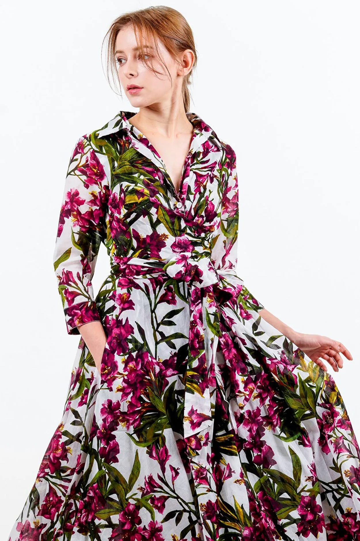 Aster Dress Shirt Collar 3/4 Sleeve Midi Length Cotton Musola (Paper Flower White)