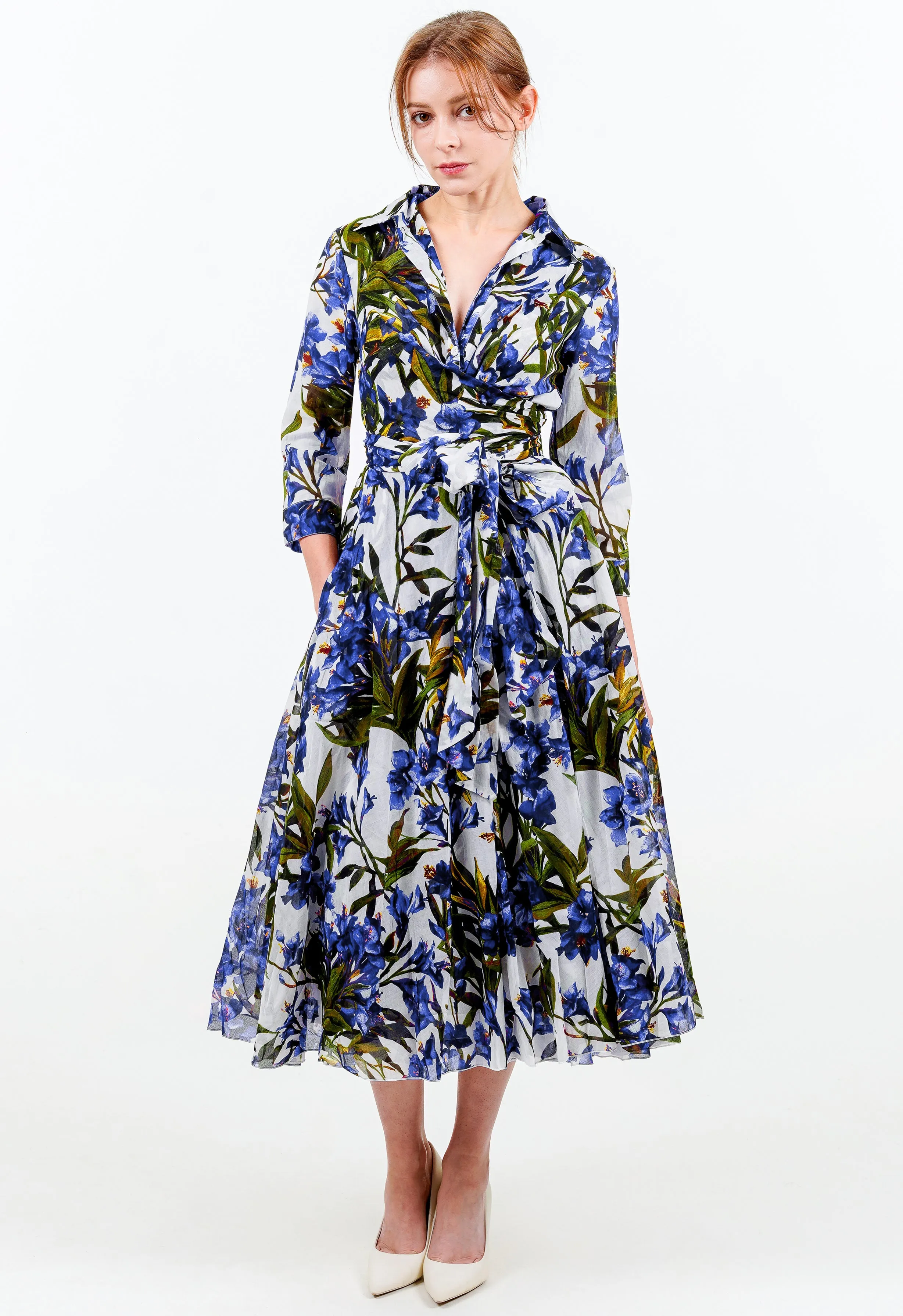 Aster Dress Shirt Collar 3/4 Sleeve Midi Length Cotton Musola (Paper Flower White)
