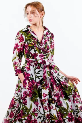 Aster Dress Shirt Collar 3/4 Sleeve Midi Length Cotton Musola (Paper Flower White)