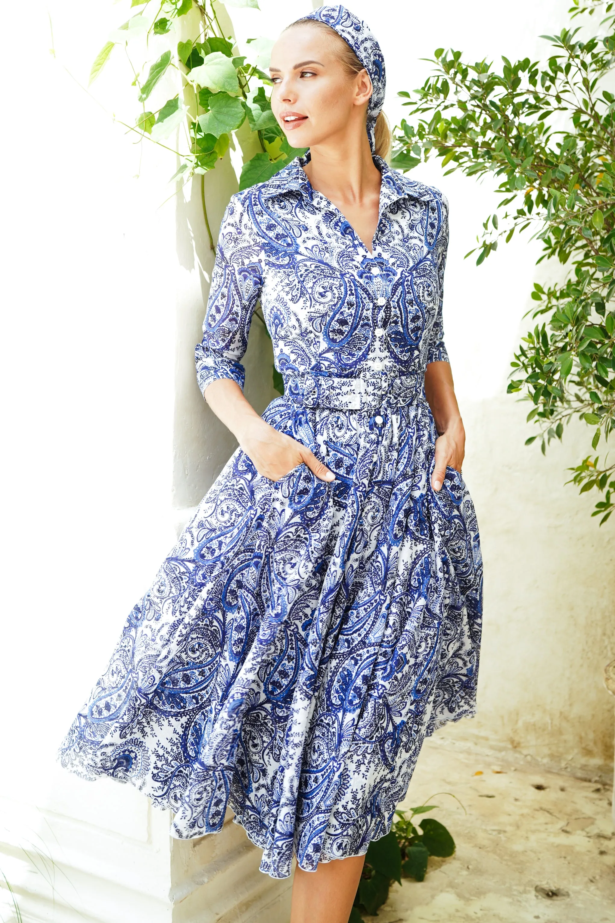 Aster Dress Shirt Collar 3/4 Sleeve Midi Length Cotton Musola (Russian Paisley)
