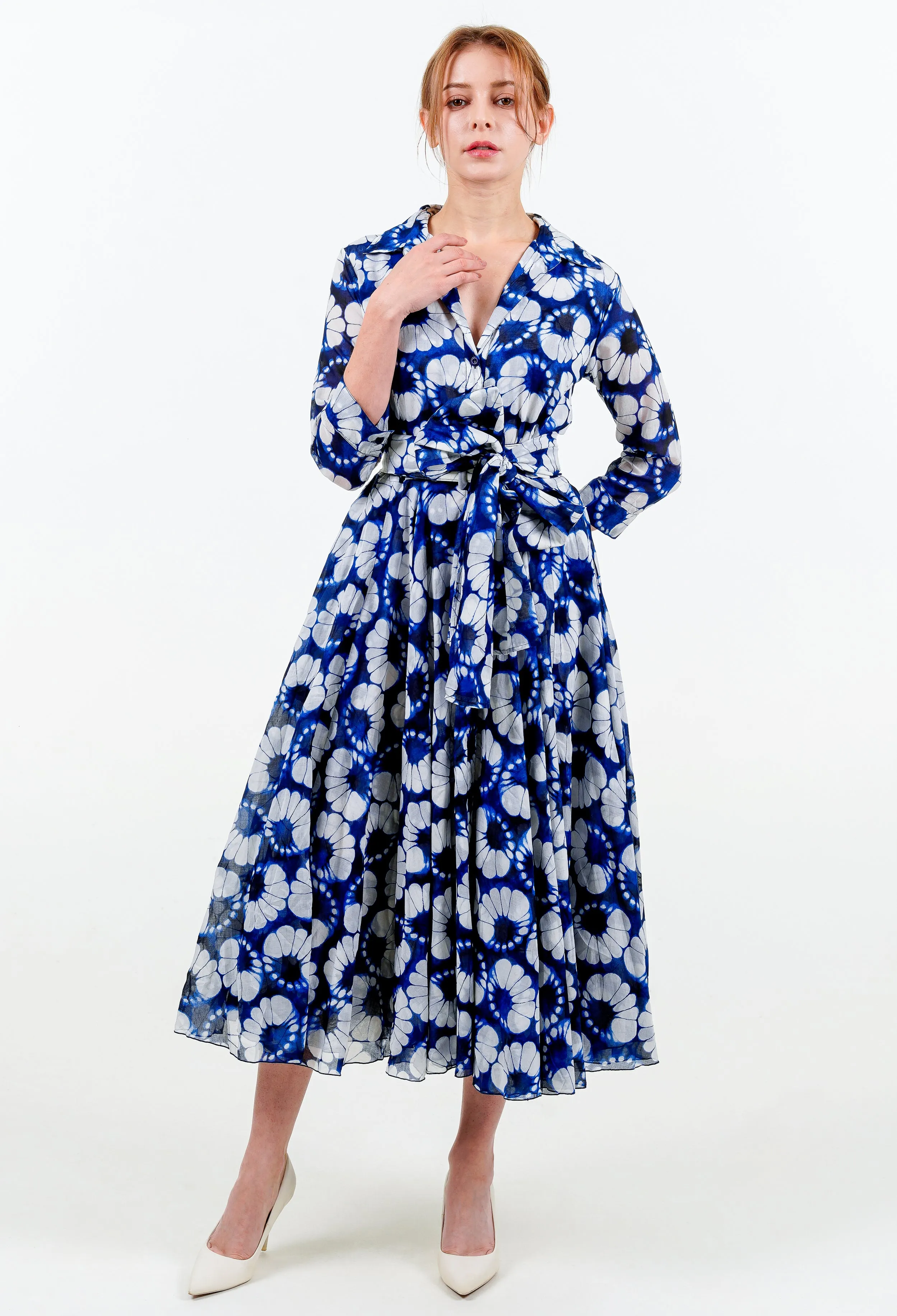 Aster Dress Shirt Collar 3/4 Sleeve Midi Length Cotton Musola (Shibori Lotus)
