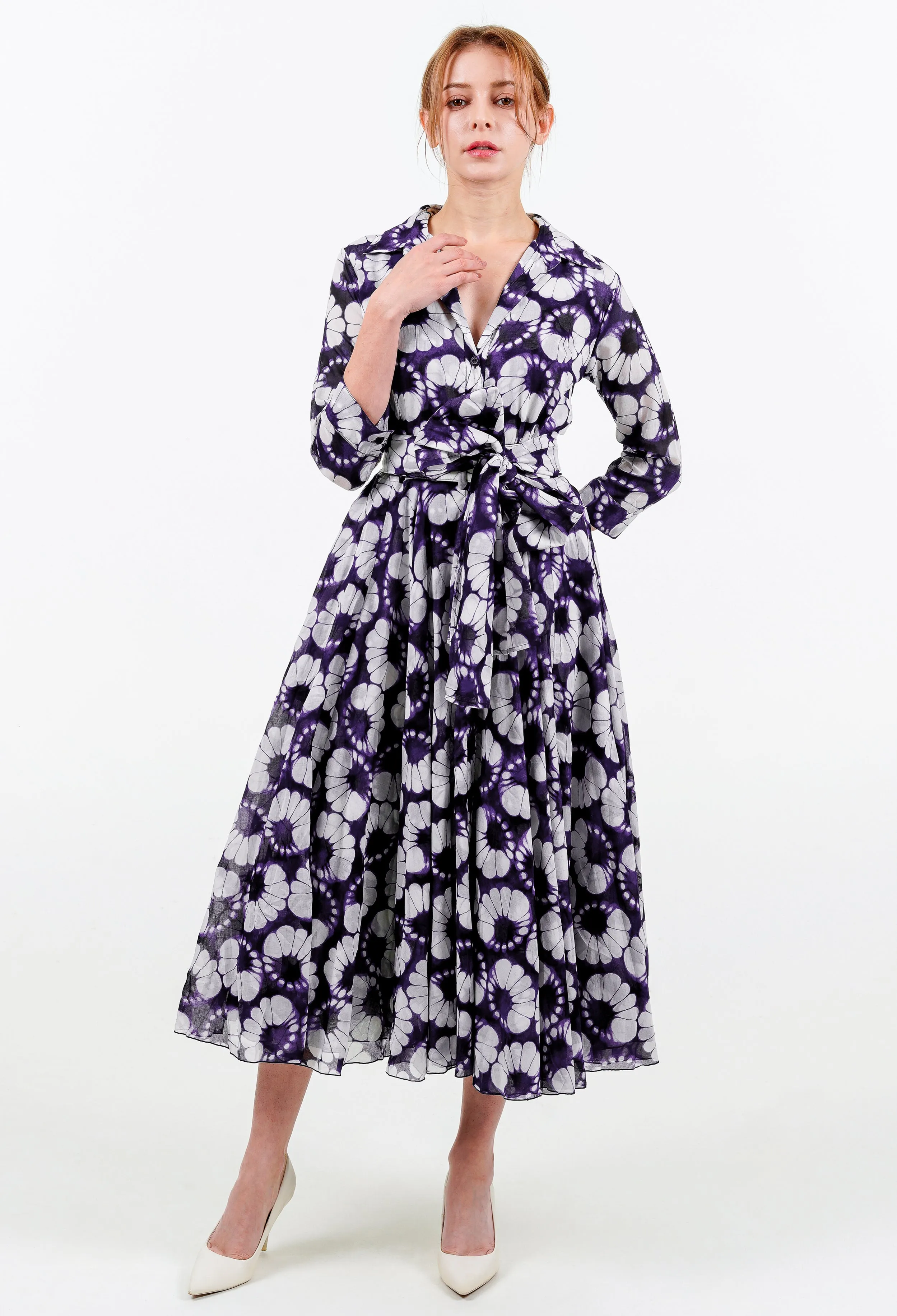 Aster Dress Shirt Collar 3/4 Sleeve Midi Length Cotton Musola (Shibori Lotus)