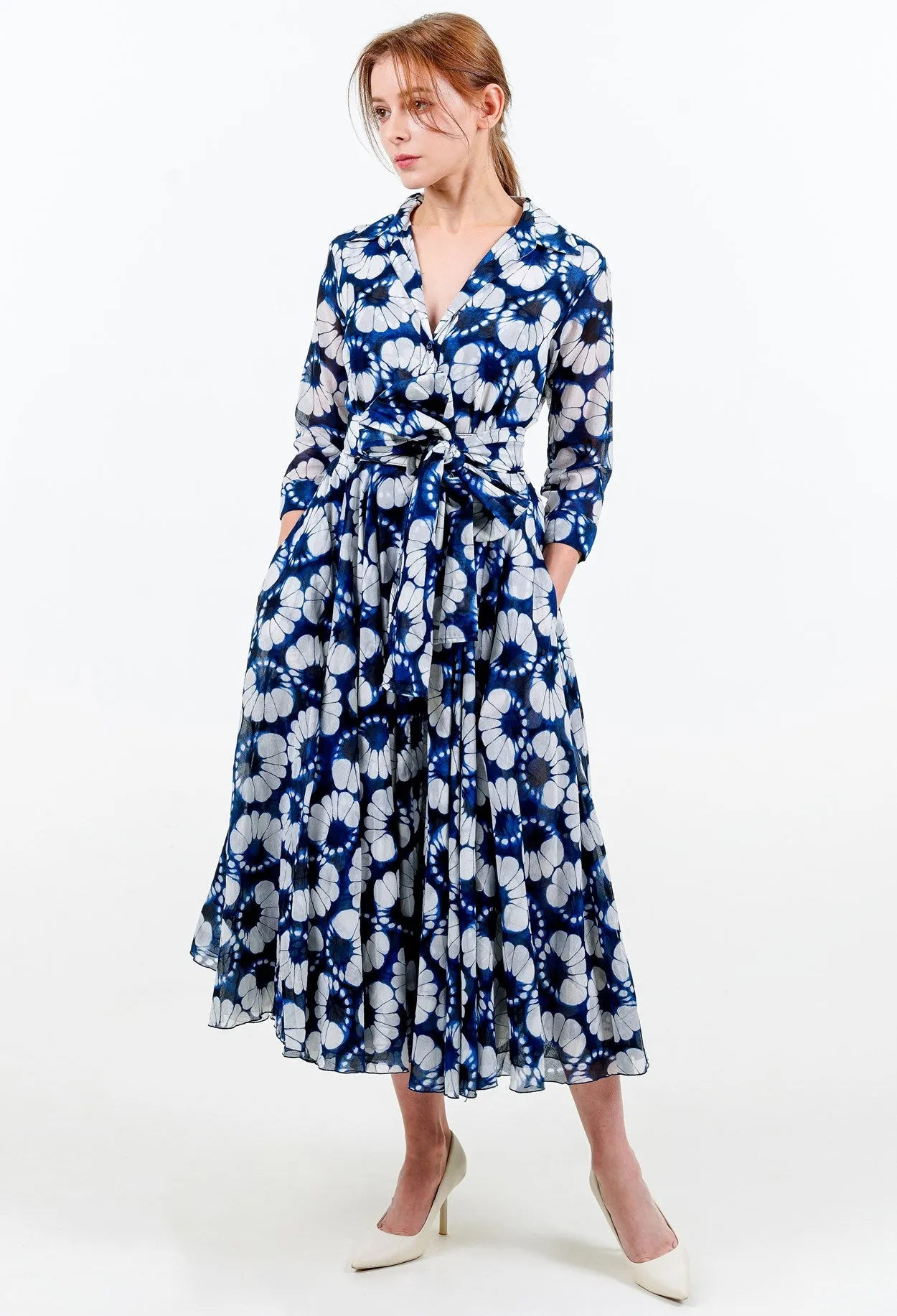 Aster Dress Shirt Collar 3/4 Sleeve Midi Length Cotton Musola (Shibori Lotus)