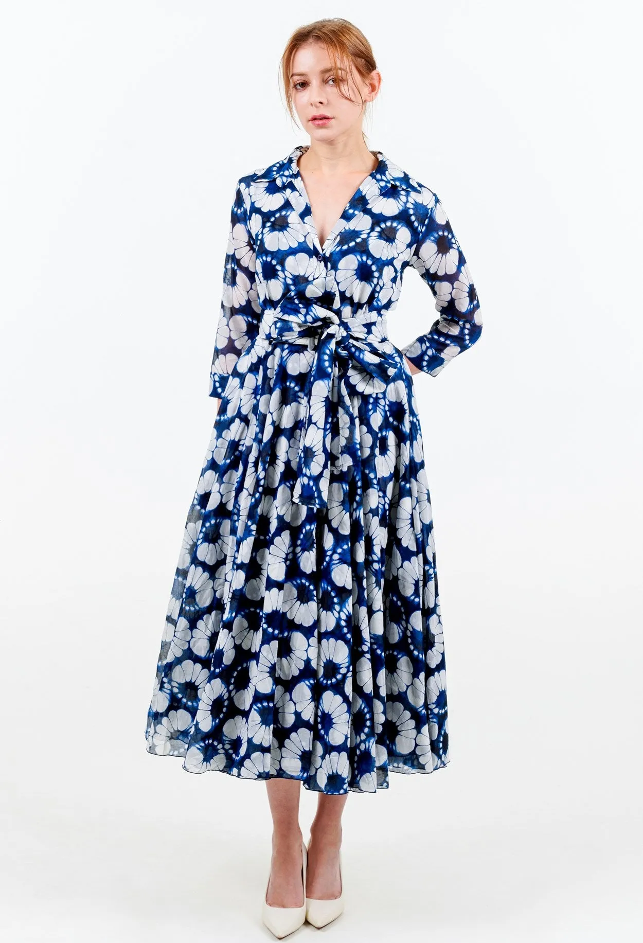 Aster Dress Shirt Collar 3/4 Sleeve Midi Length Cotton Musola (Shibori Lotus)