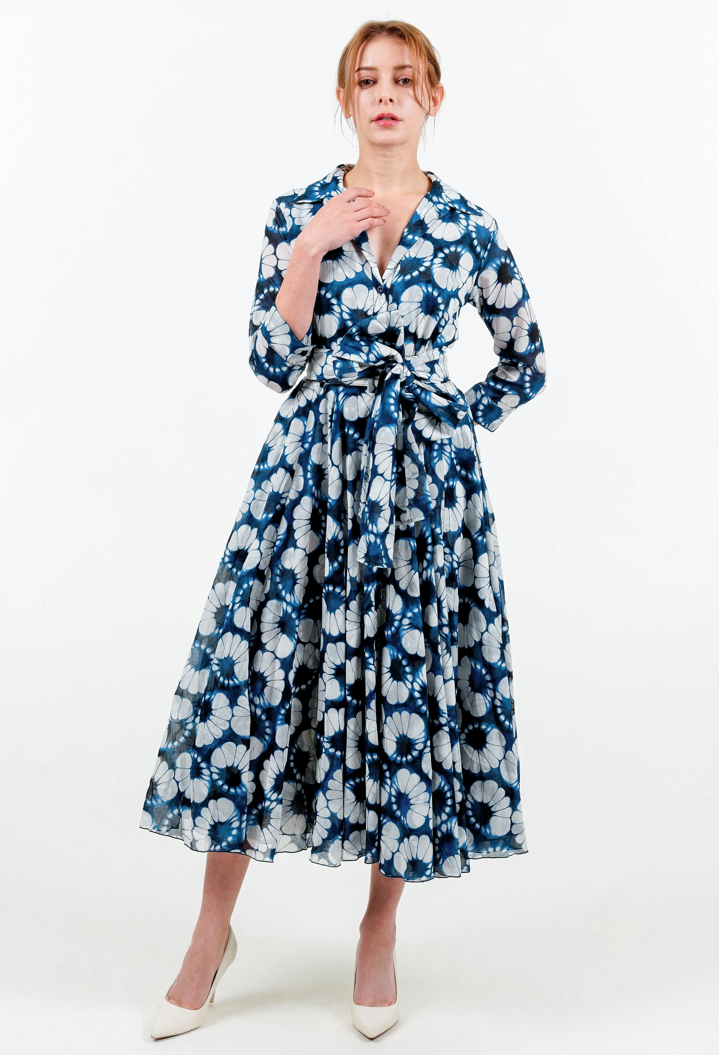 Aster Dress Shirt Collar 3/4 Sleeve Midi Length Cotton Musola (Shibori Lotus)