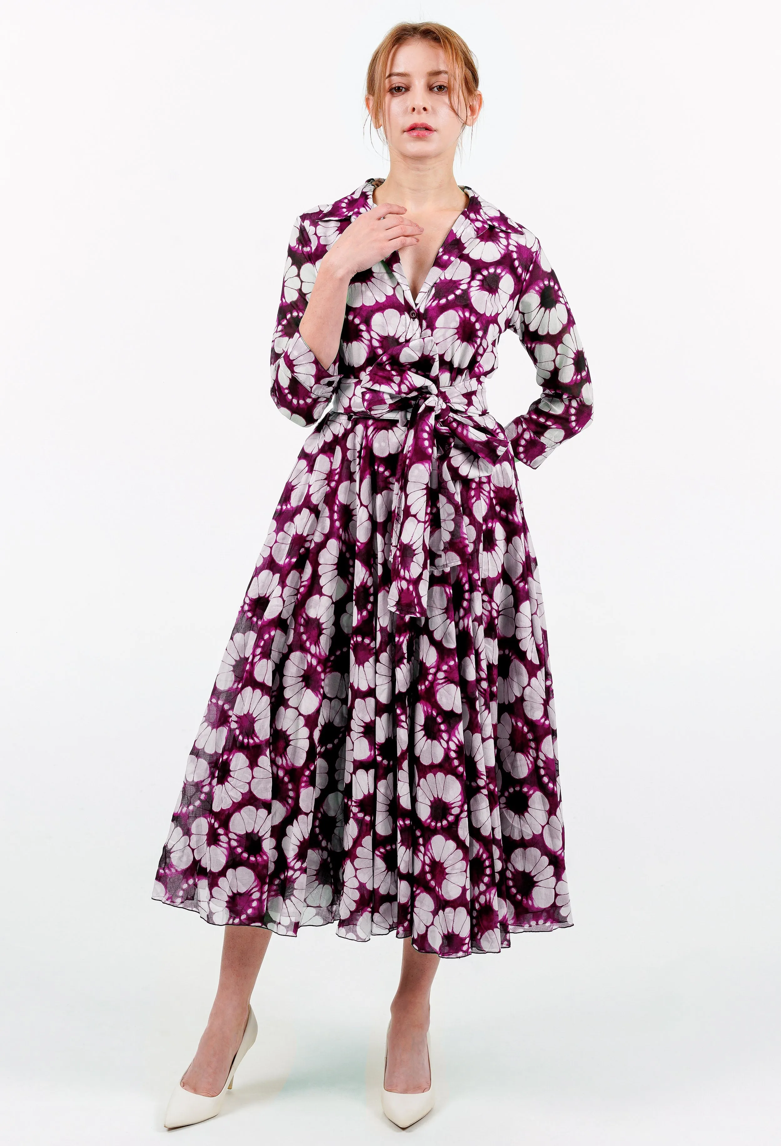 Aster Dress Shirt Collar 3/4 Sleeve Midi Length Cotton Musola (Shibori Lotus)