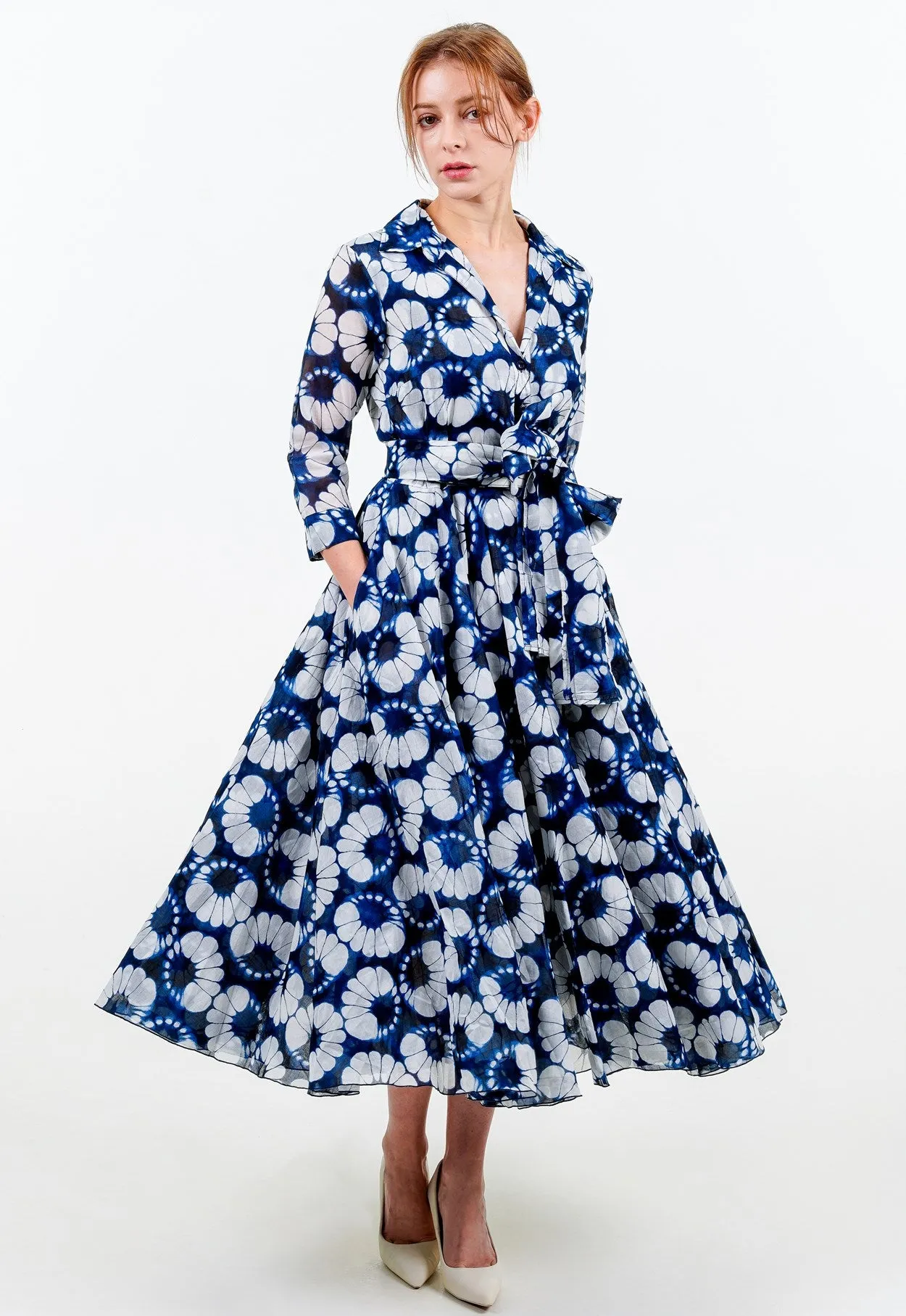 Aster Dress Shirt Collar 3/4 Sleeve Midi Length Cotton Musola (Shibori Lotus)