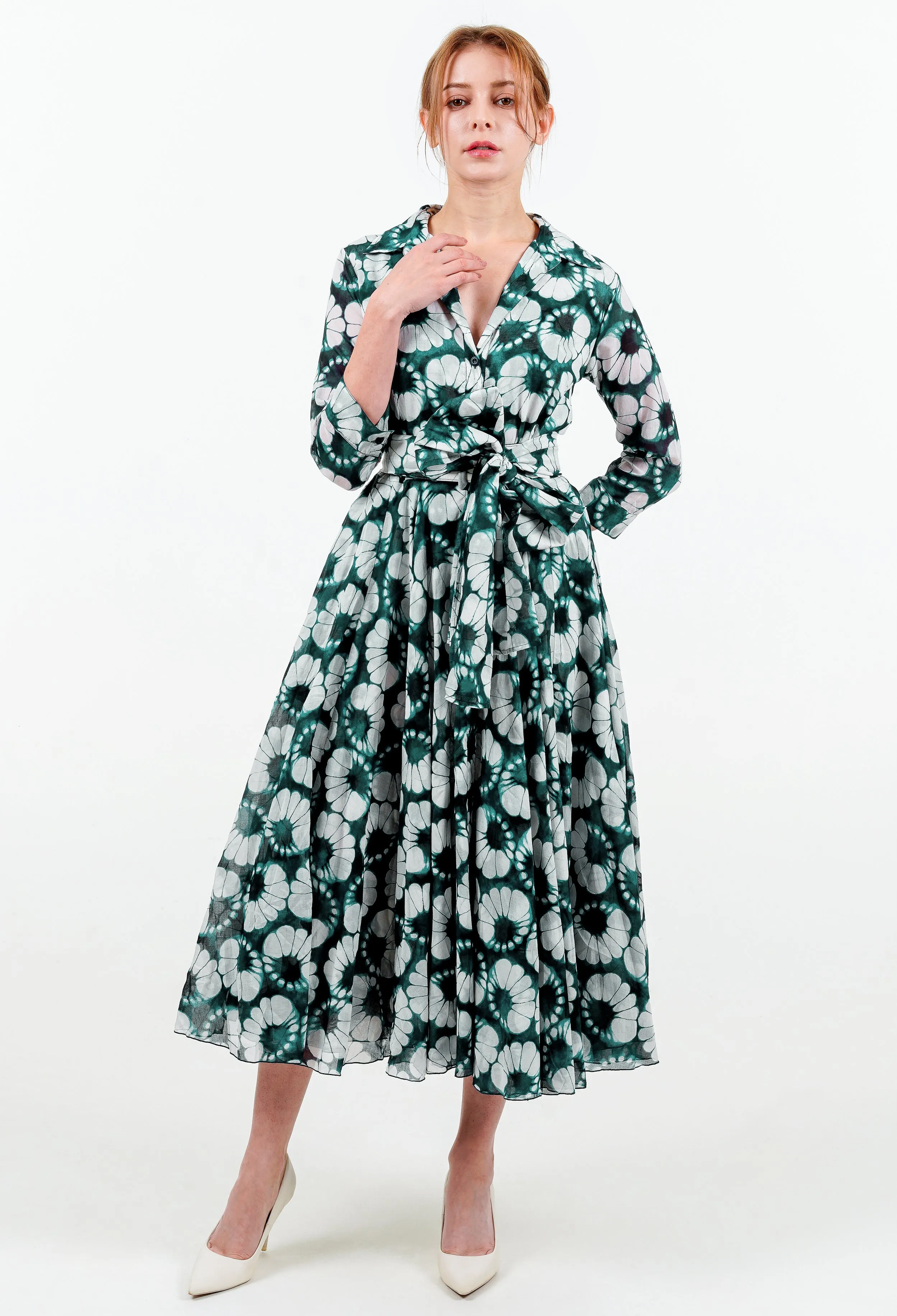 Aster Dress Shirt Collar 3/4 Sleeve Midi Length Cotton Musola (Shibori Lotus)