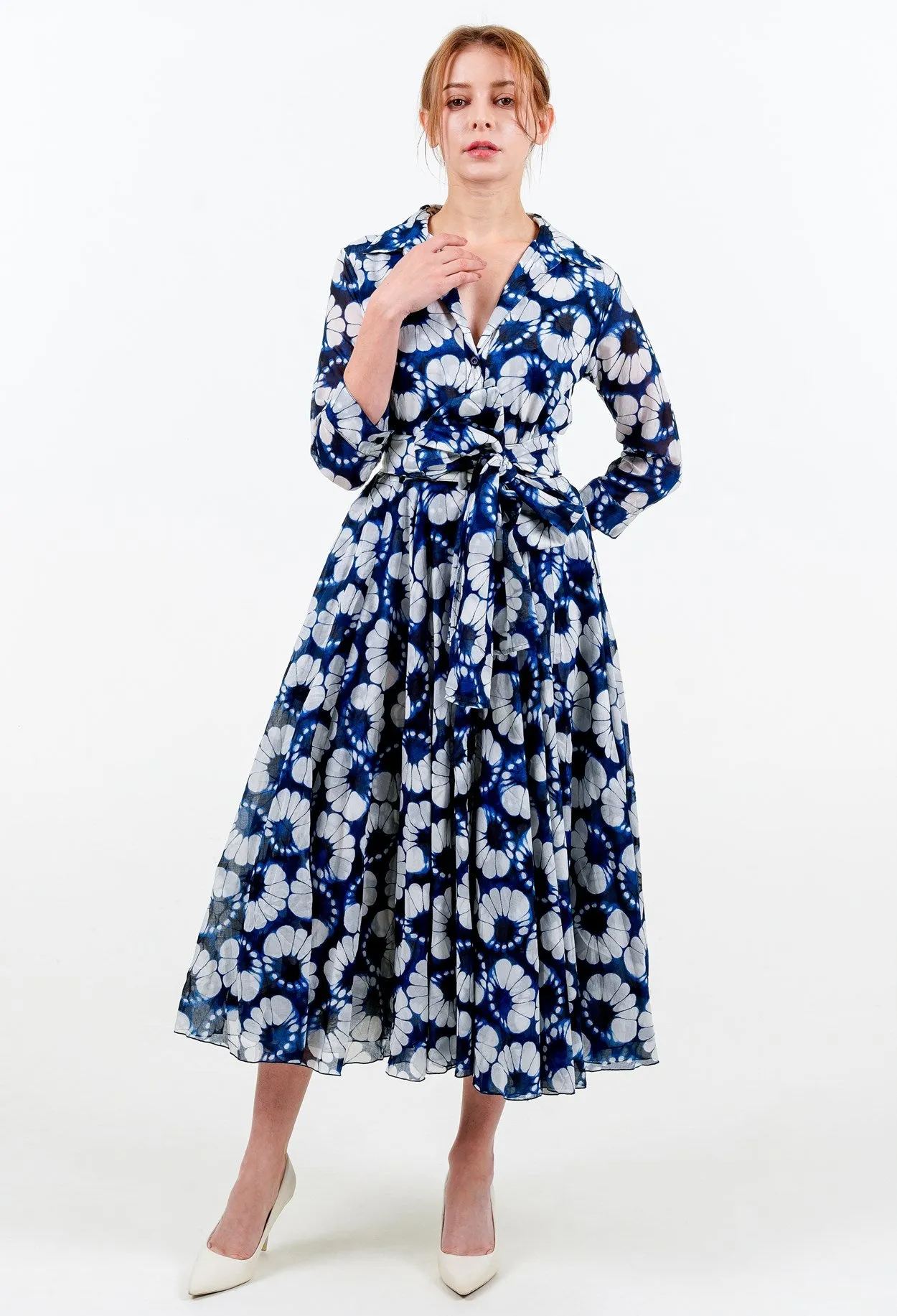 Aster Dress Shirt Collar 3/4 Sleeve Midi Length Cotton Musola (Shibori Lotus)