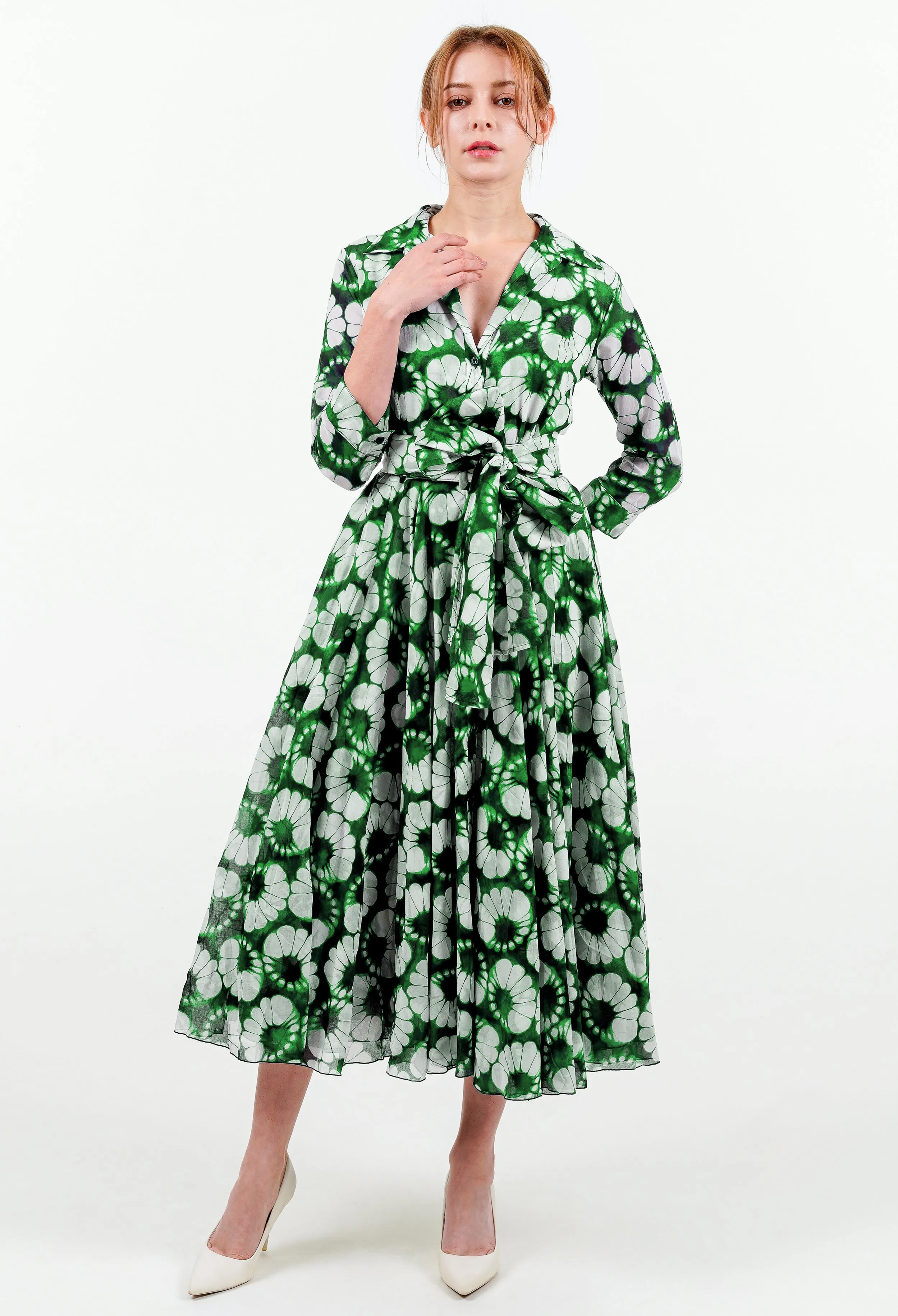 Aster Dress Shirt Collar 3/4 Sleeve Midi Length Cotton Musola (Shibori Lotus)