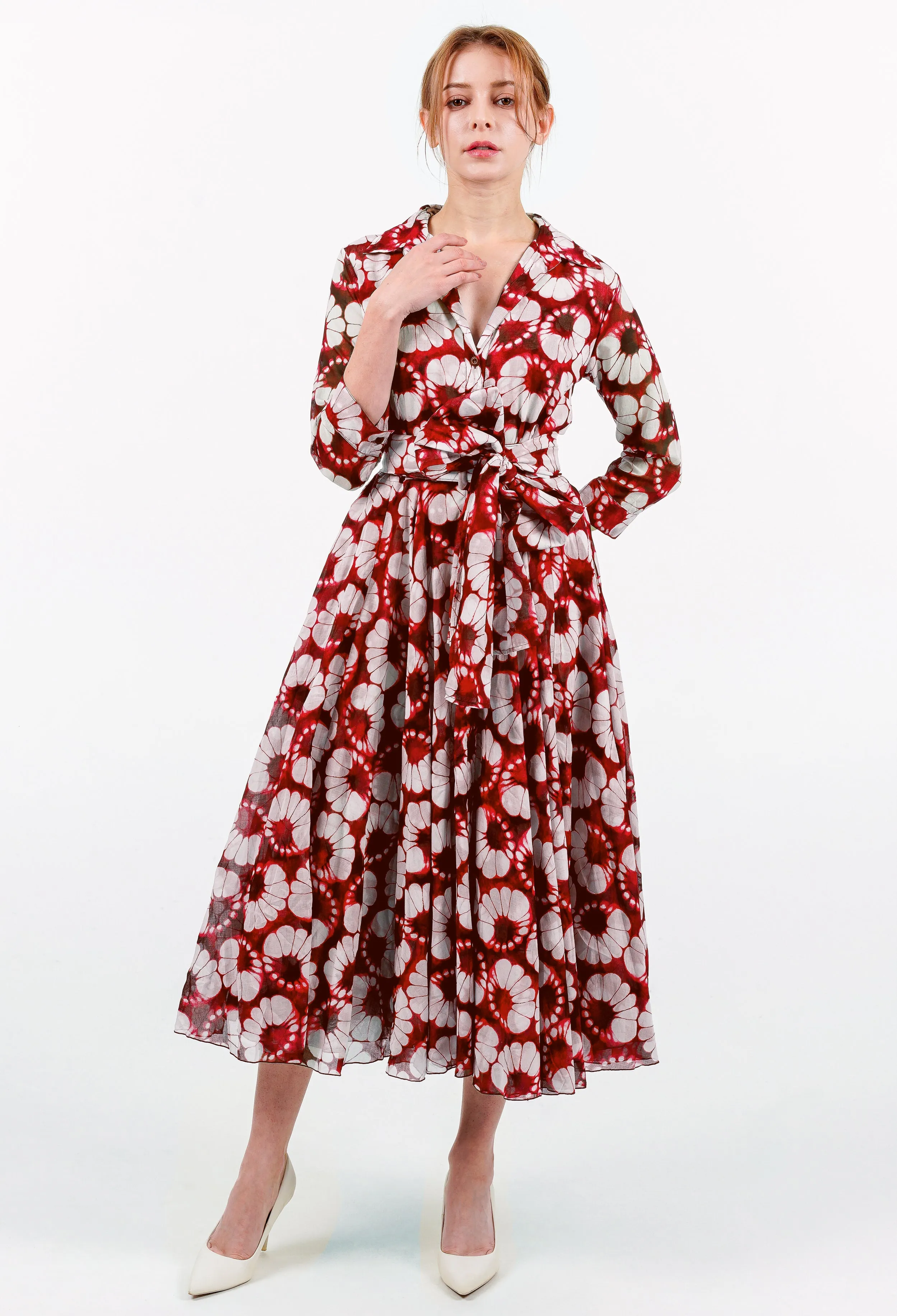 Aster Dress Shirt Collar 3/4 Sleeve Midi Length Cotton Musola (Shibori Lotus)