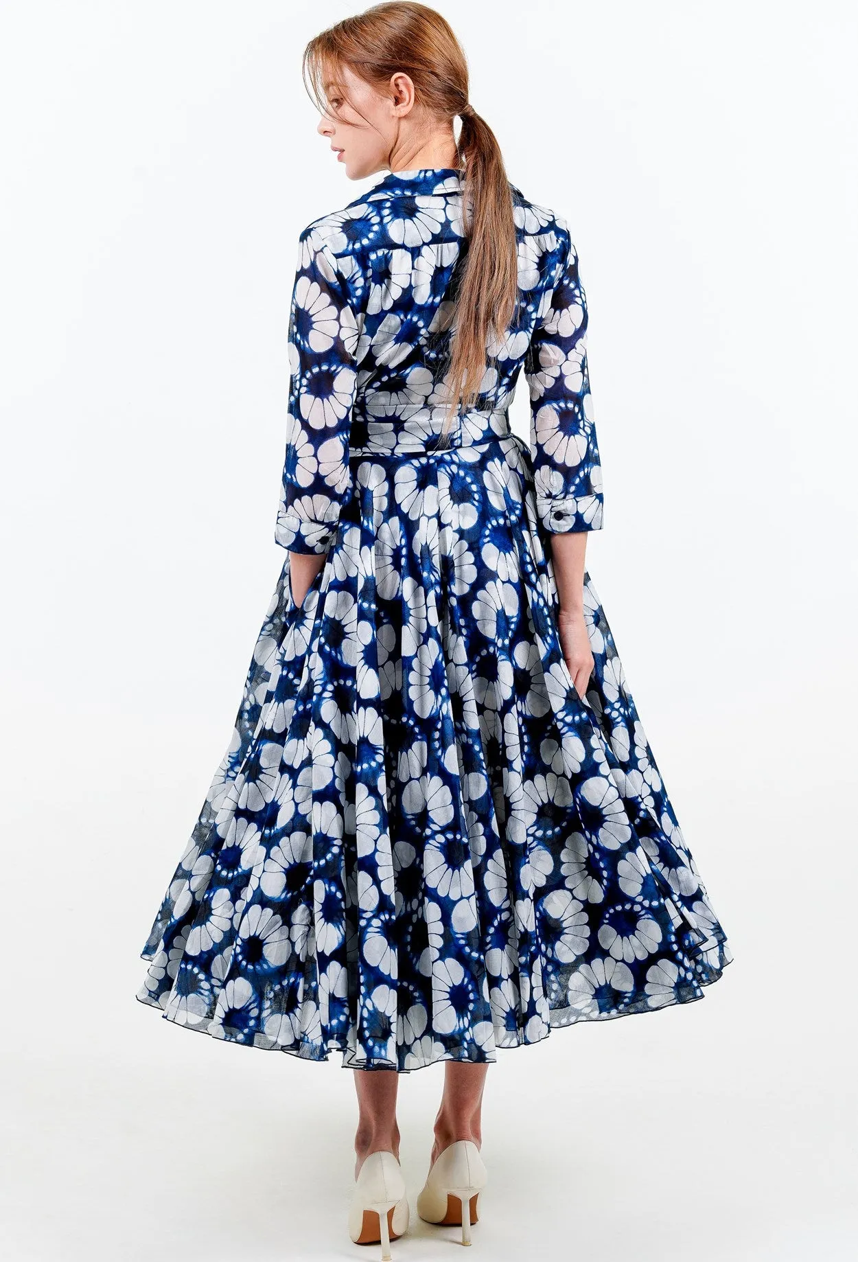 Aster Dress Shirt Collar 3/4 Sleeve Midi Length Cotton Musola (Shibori Lotus)