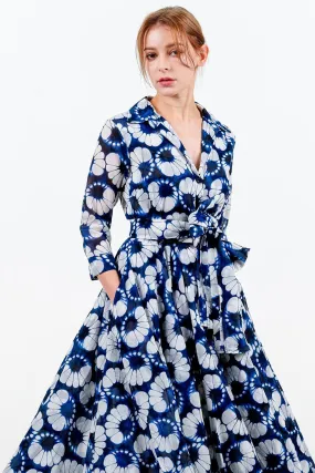 Aster Dress Shirt Collar 3/4 Sleeve Midi Length Cotton Musola (Shibori Lotus)