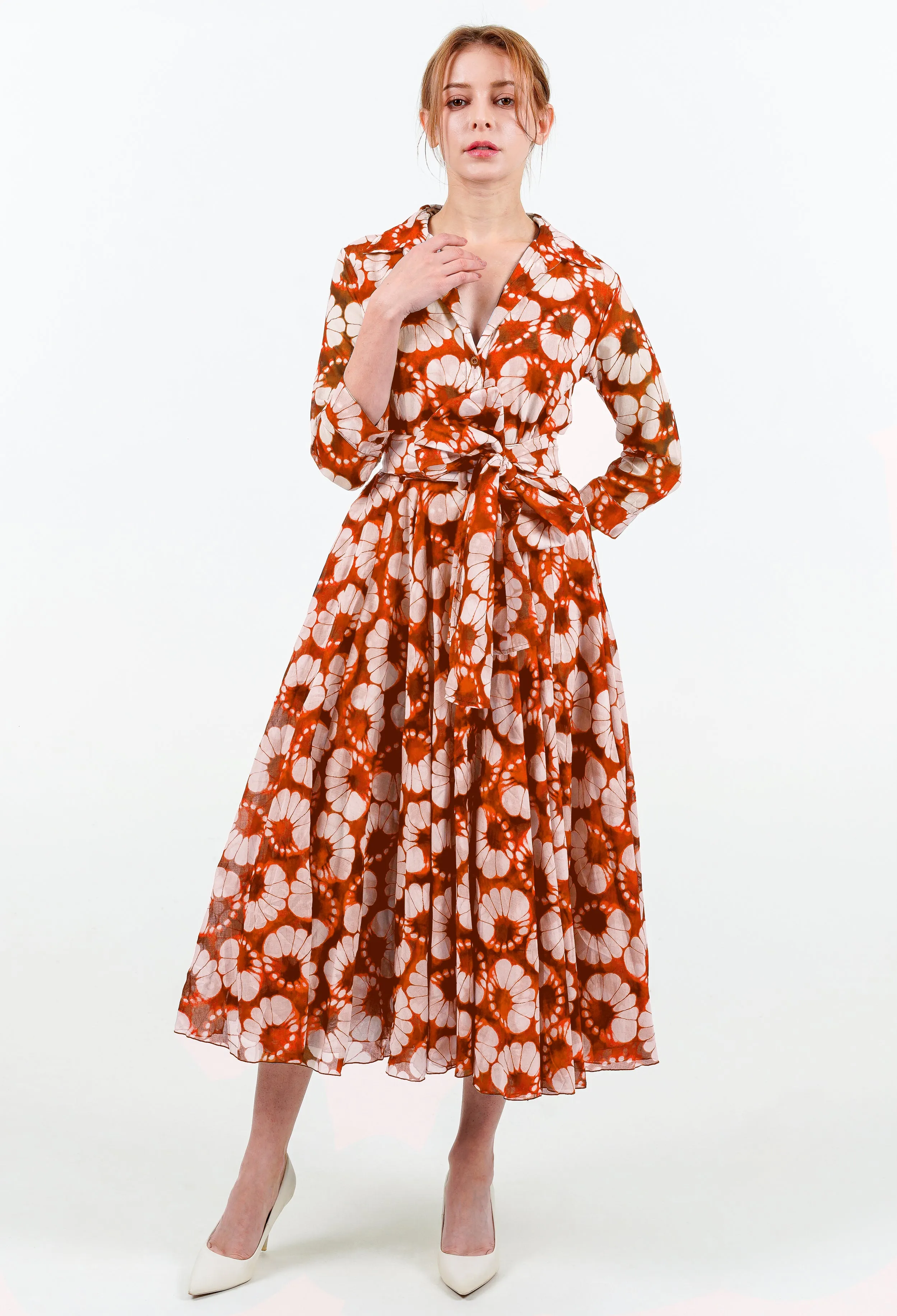 Aster Dress Shirt Collar 3/4 Sleeve Midi Length Cotton Musola (Shibori Lotus)