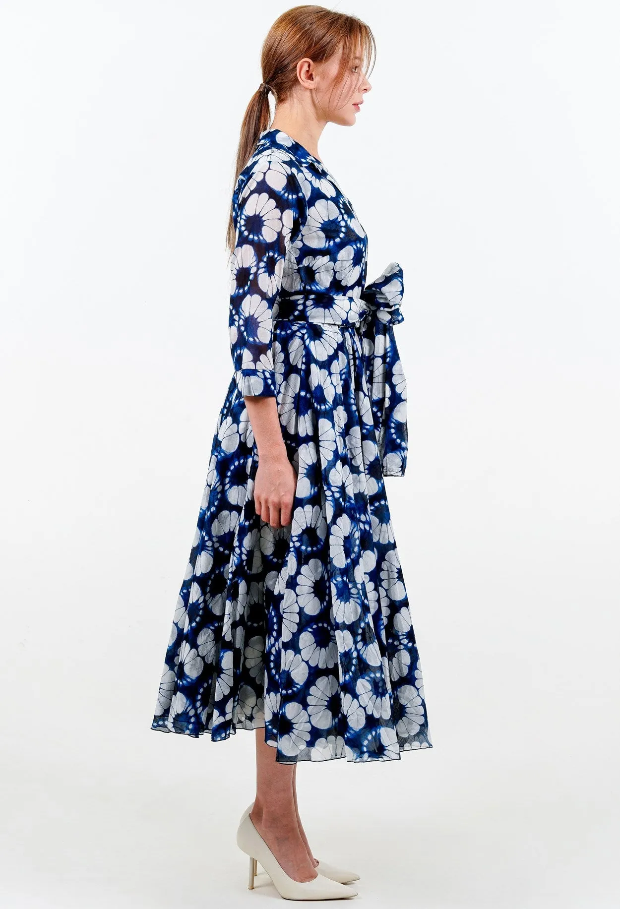 Aster Dress Shirt Collar 3/4 Sleeve Midi Length Cotton Musola (Shibori Lotus)
