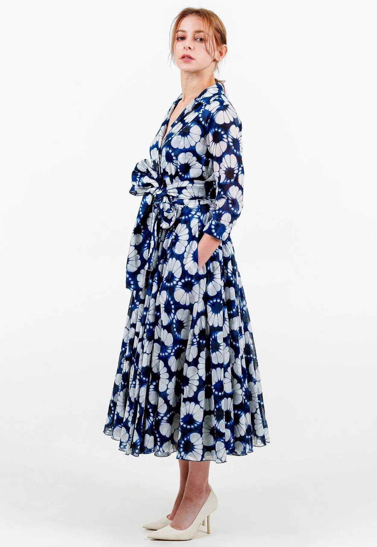 Aster Dress Shirt Collar 3/4 Sleeve Midi Length Cotton Musola (Shibori Lotus)