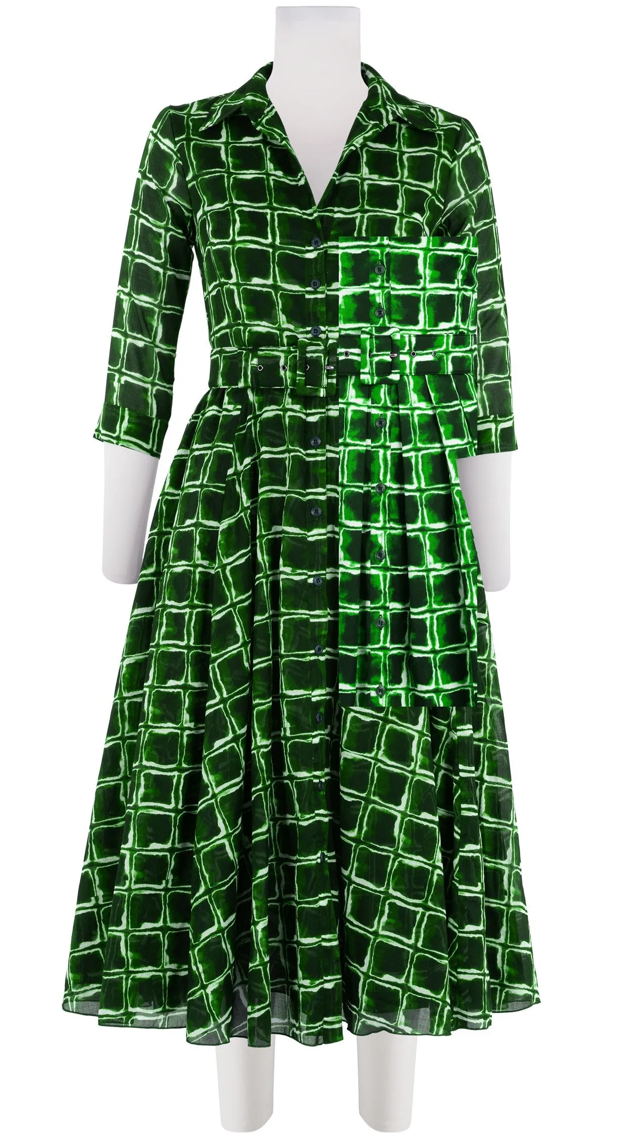 Aster Dress Shirt Collar 3/4 Sleeve Midi Length Cotton Musola (Shibori Square)