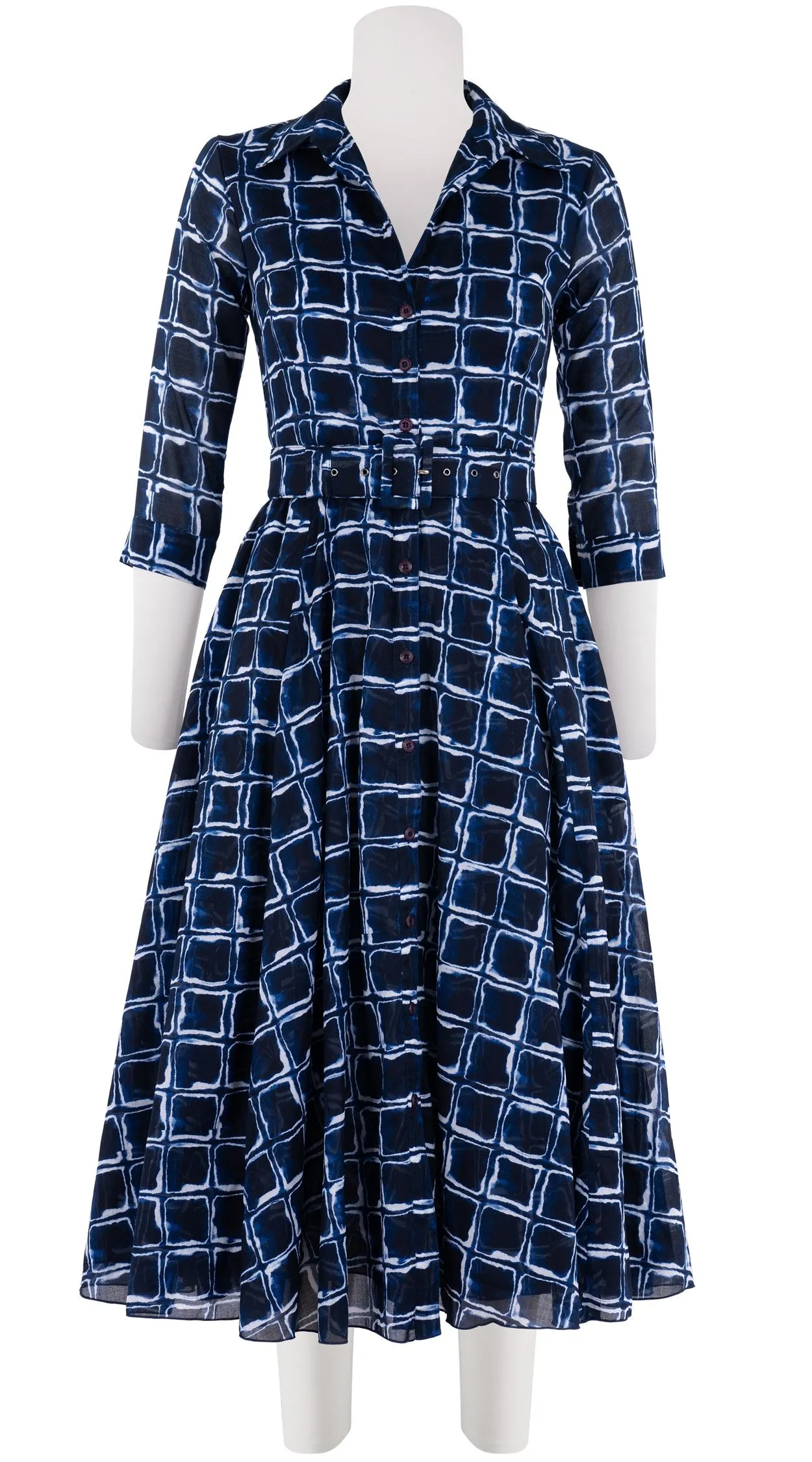 Aster Dress Shirt Collar 3/4 Sleeve Midi Length Cotton Musola (Shibori Square)
