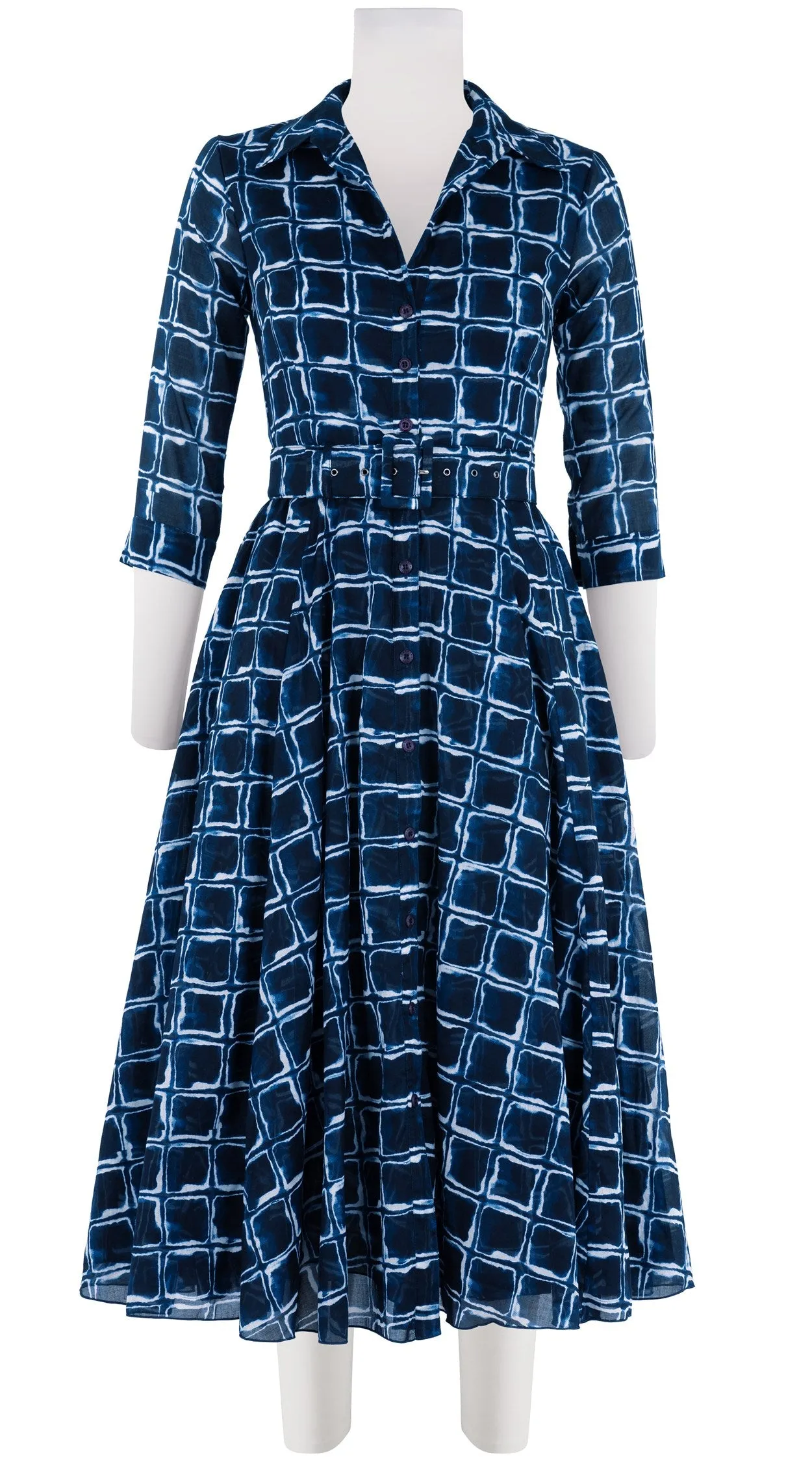 Aster Dress Shirt Collar 3/4 Sleeve Midi Length Cotton Musola (Shibori Square)