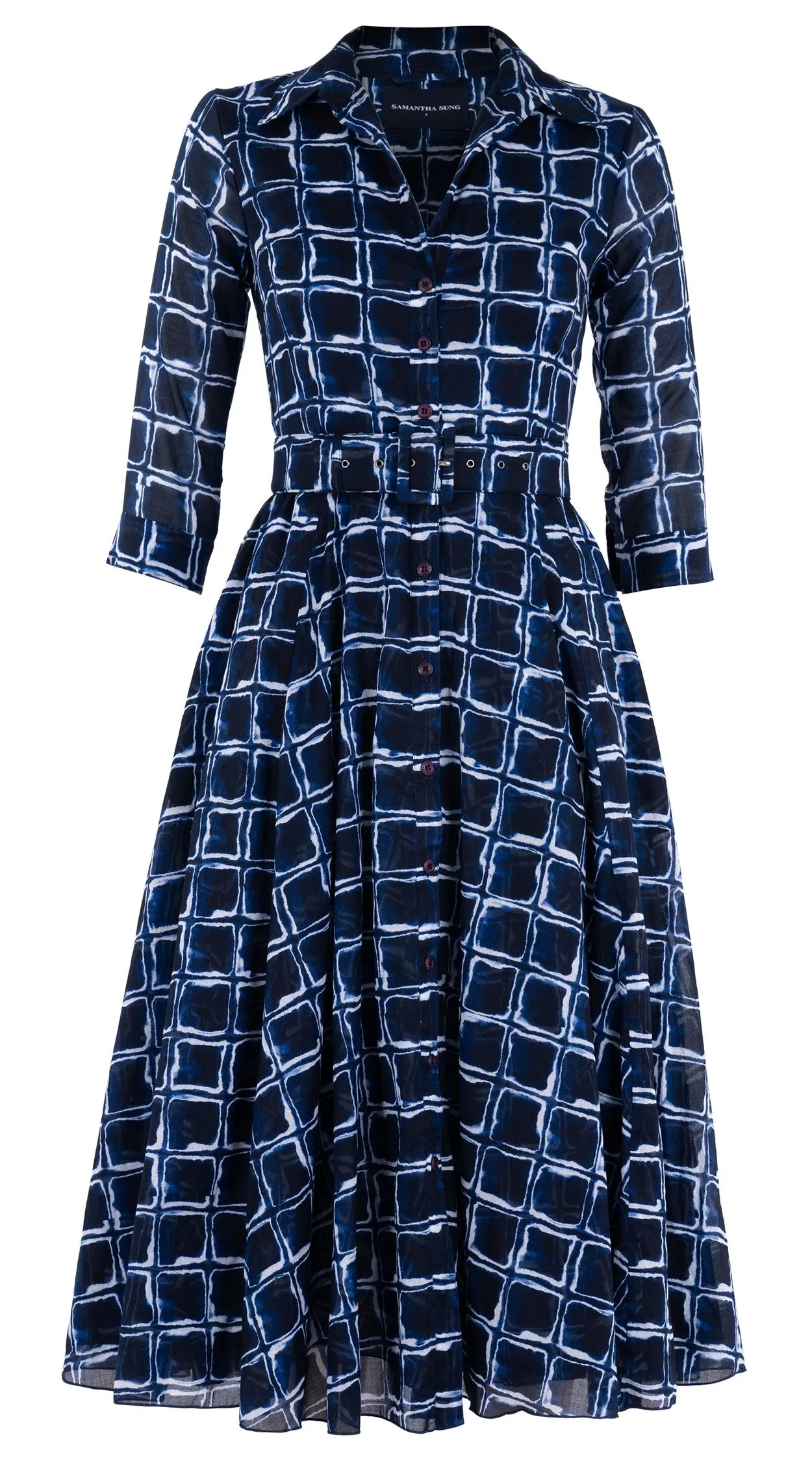 Aster Dress Shirt Collar 3/4 Sleeve Midi Length Cotton Musola (Shibori Square)