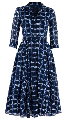 Aster Dress Shirt Collar 3/4 Sleeve Midi Length Cotton Musola (Shibori Square)
