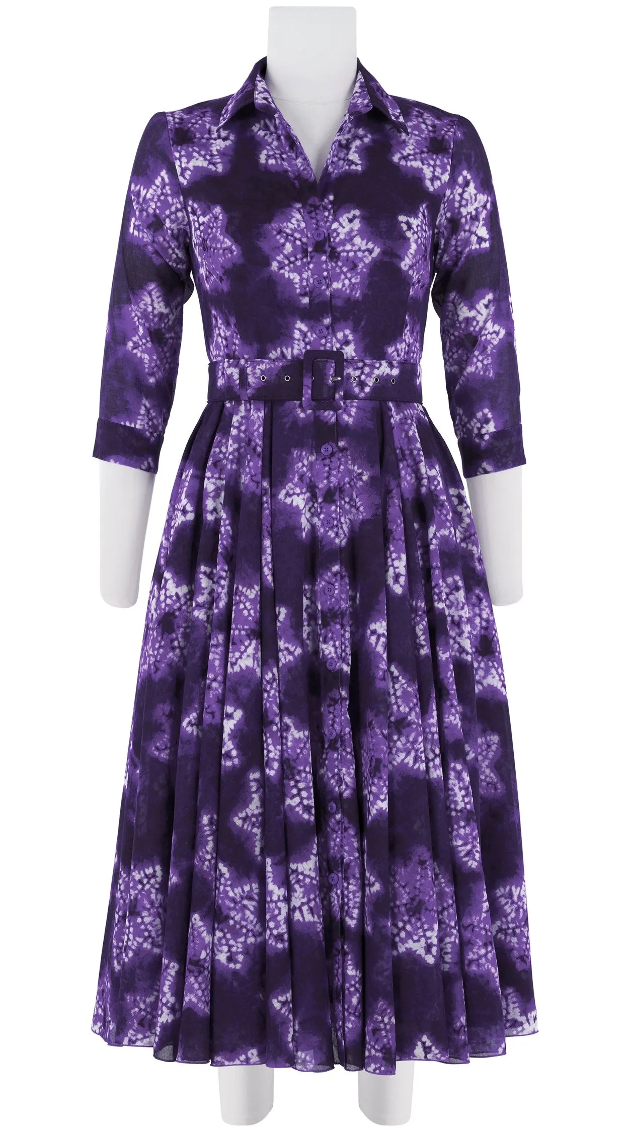 Aster Dress Shirt Collar 3/4 Sleeve Midi Length Cotton Musola (Shibori Star)