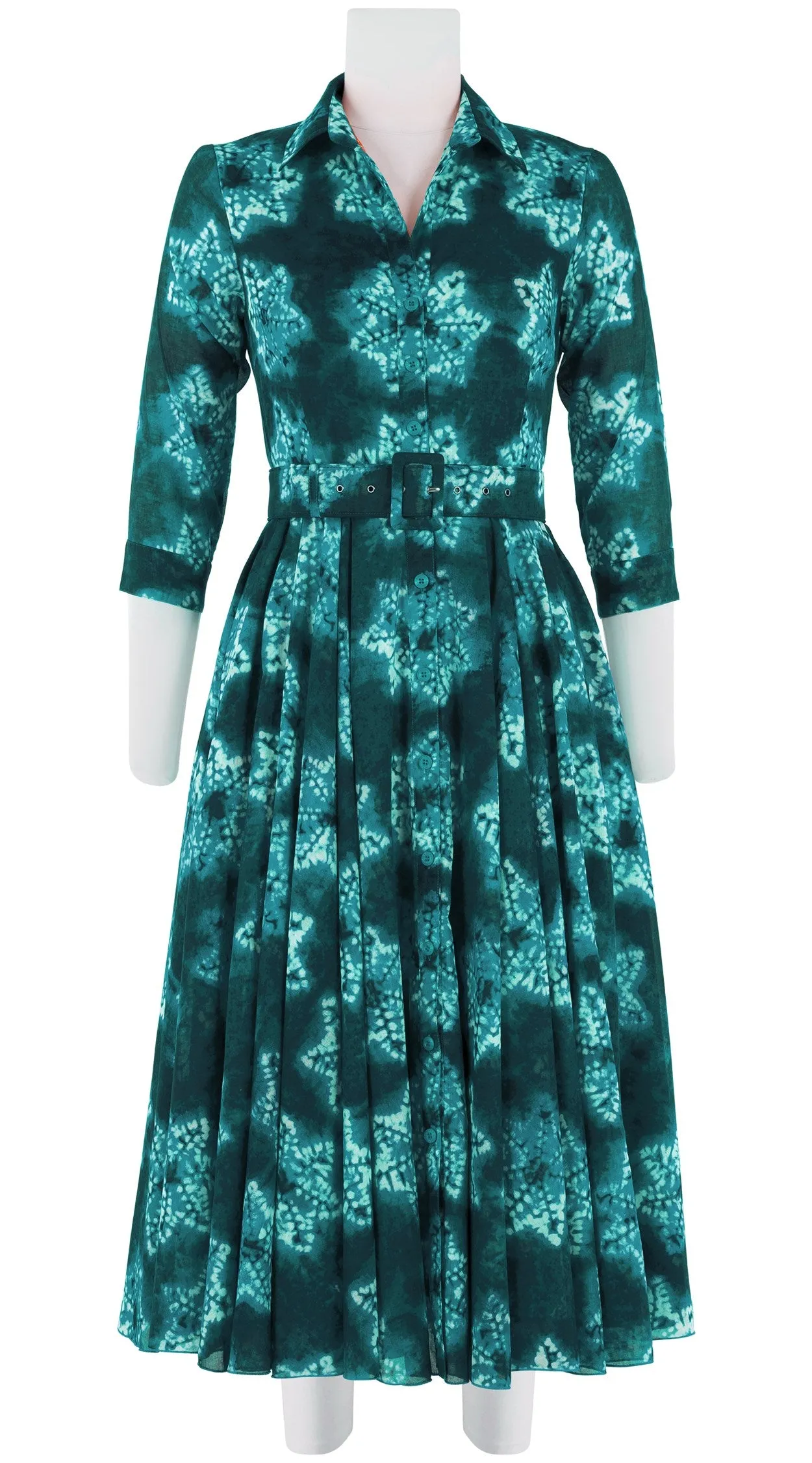 Aster Dress Shirt Collar 3/4 Sleeve Midi Length Cotton Musola (Shibori Star)
