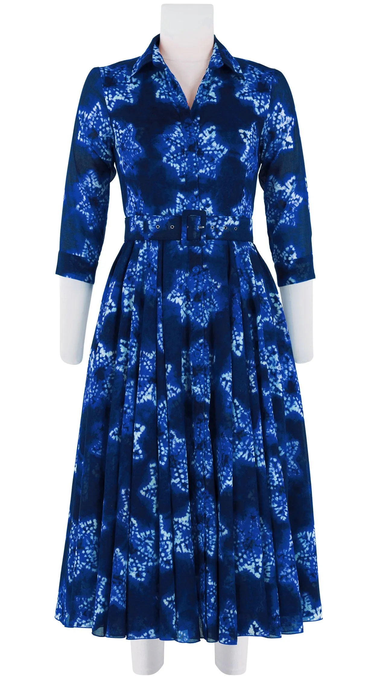 Aster Dress Shirt Collar 3/4 Sleeve Midi Length Cotton Musola (Shibori Star)