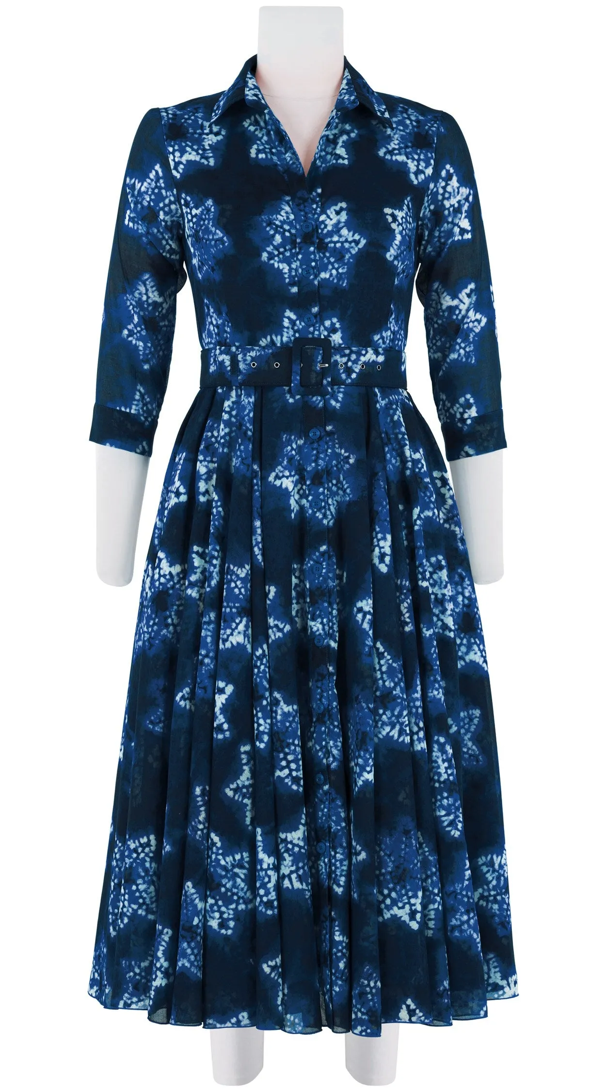 Aster Dress Shirt Collar 3/4 Sleeve Midi Length Cotton Musola (Shibori Star)