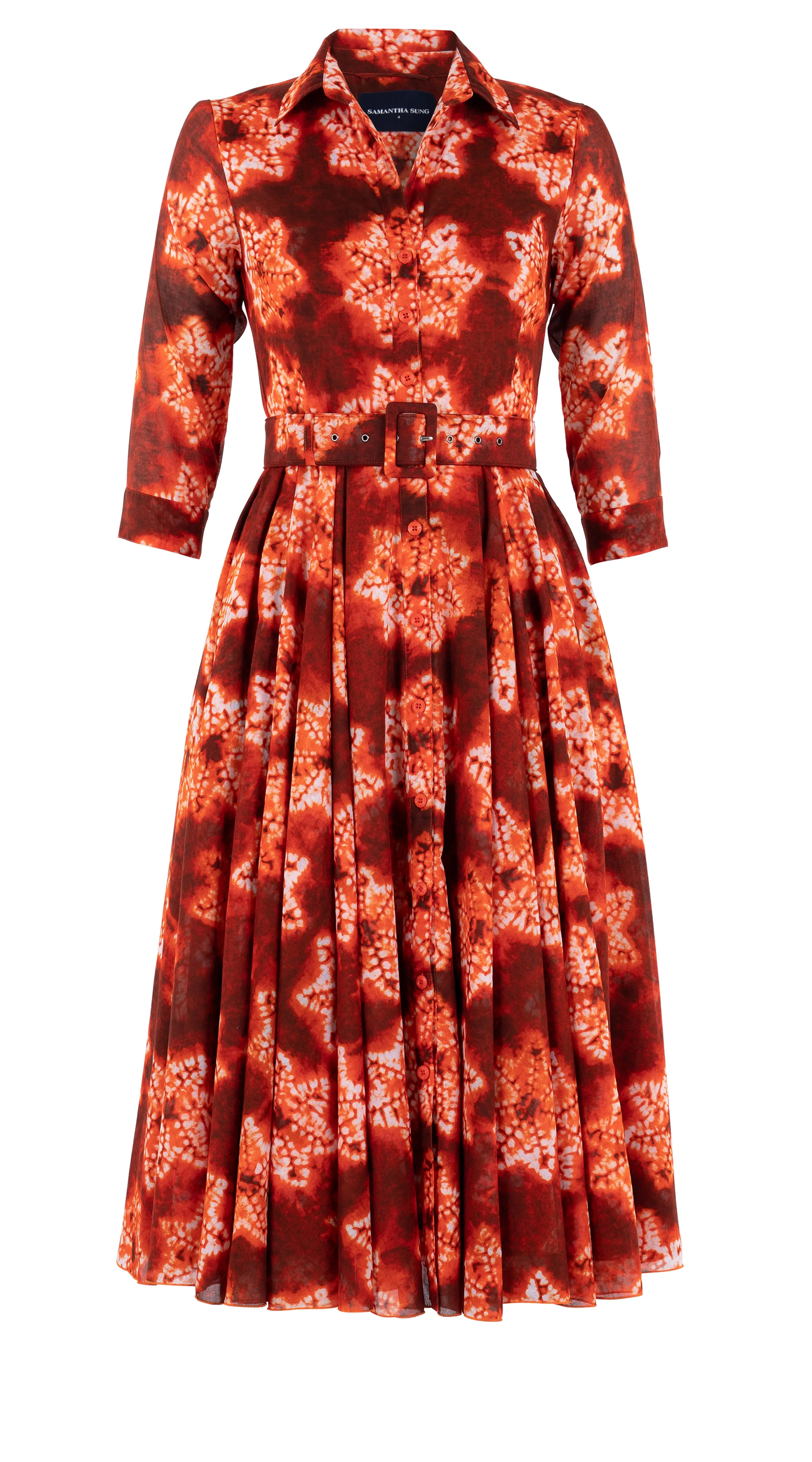 Aster Dress Shirt Collar 3/4 Sleeve Midi Length Cotton Musola (Shibori Star)