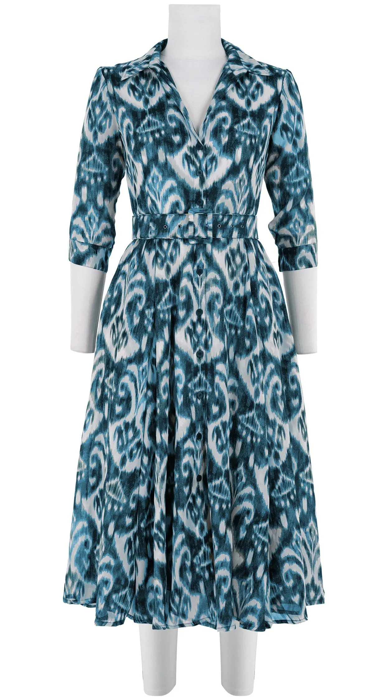 Aster Dress Shirt Collar 3/4 Sleeve Midi Length Silk GGT (Ikat Marine)